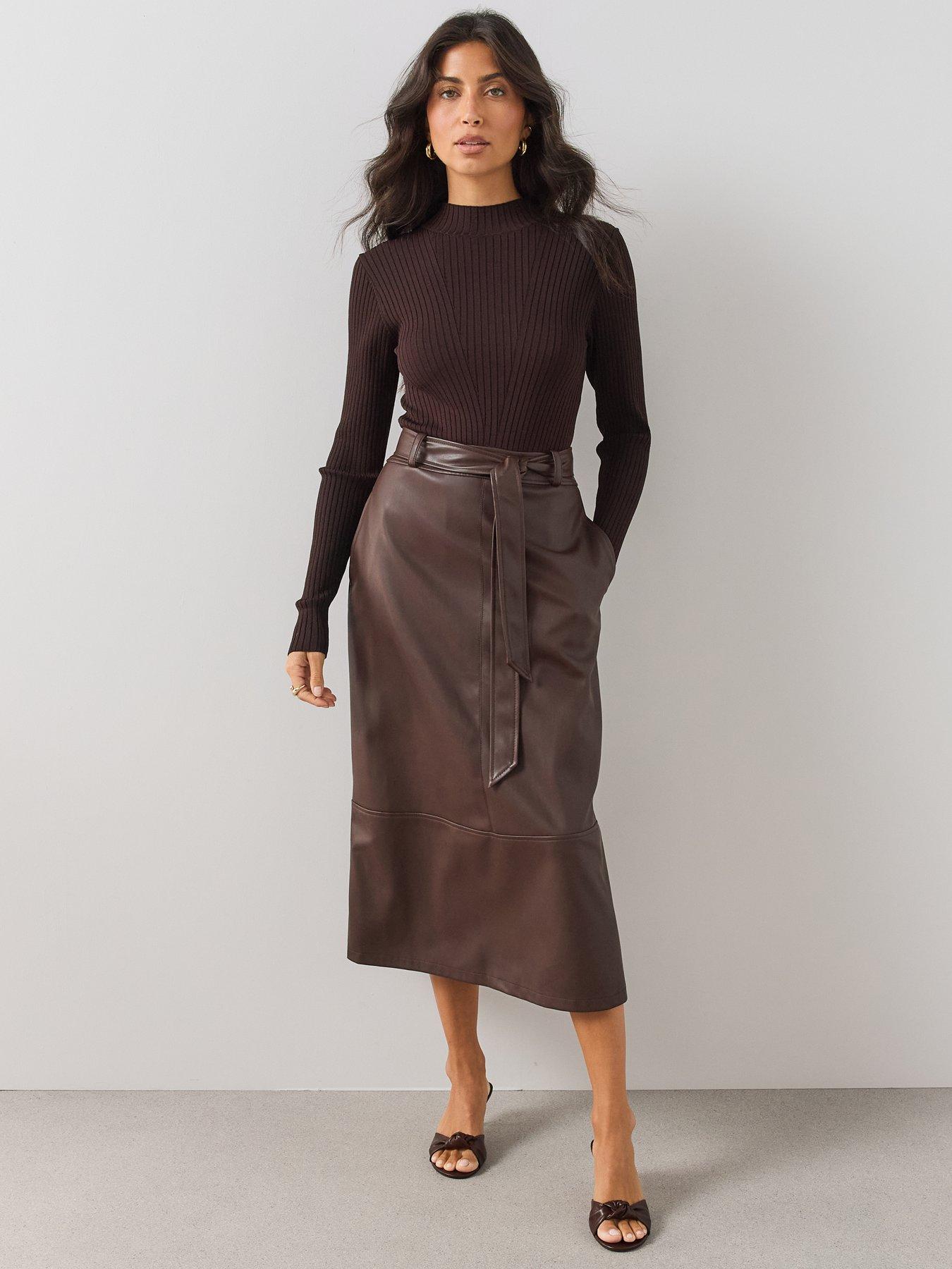 Image 1 of 7 of The Very Collection Womens 2 In 1 Ribbed Faux Leather Dress - Brown