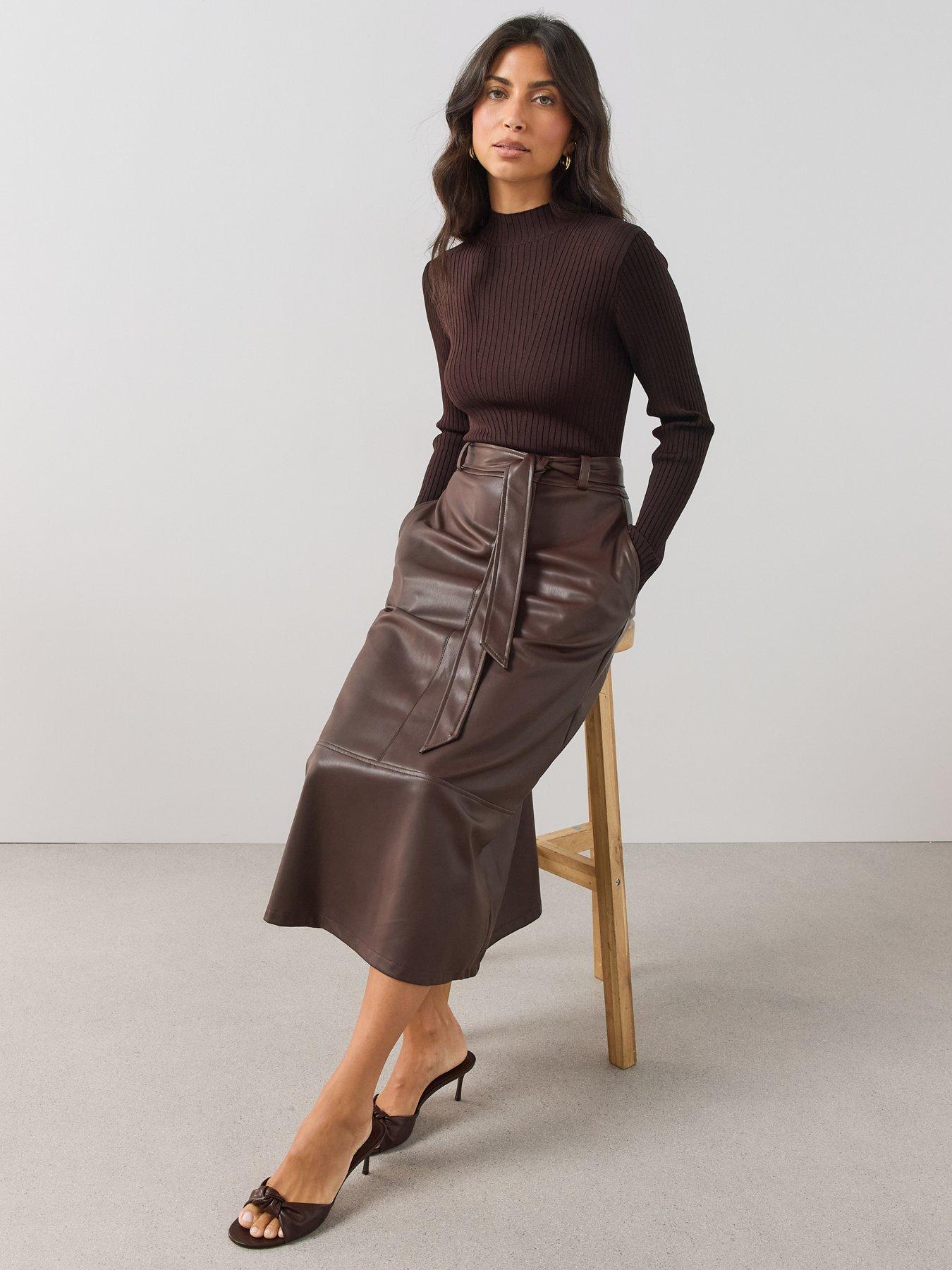 Image 3 of 7 of The Very Collection Womens 2 In 1 Ribbed Faux Leather Dress - Brown