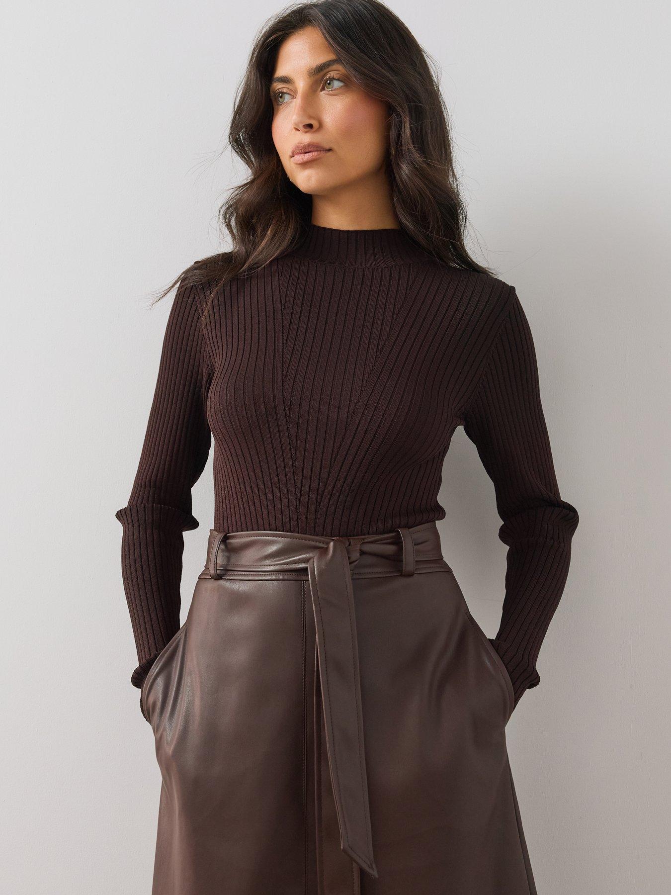 Image 4 of 7 of The Very Collection Womens 2 In 1 Ribbed Faux Leather Dress - Brown