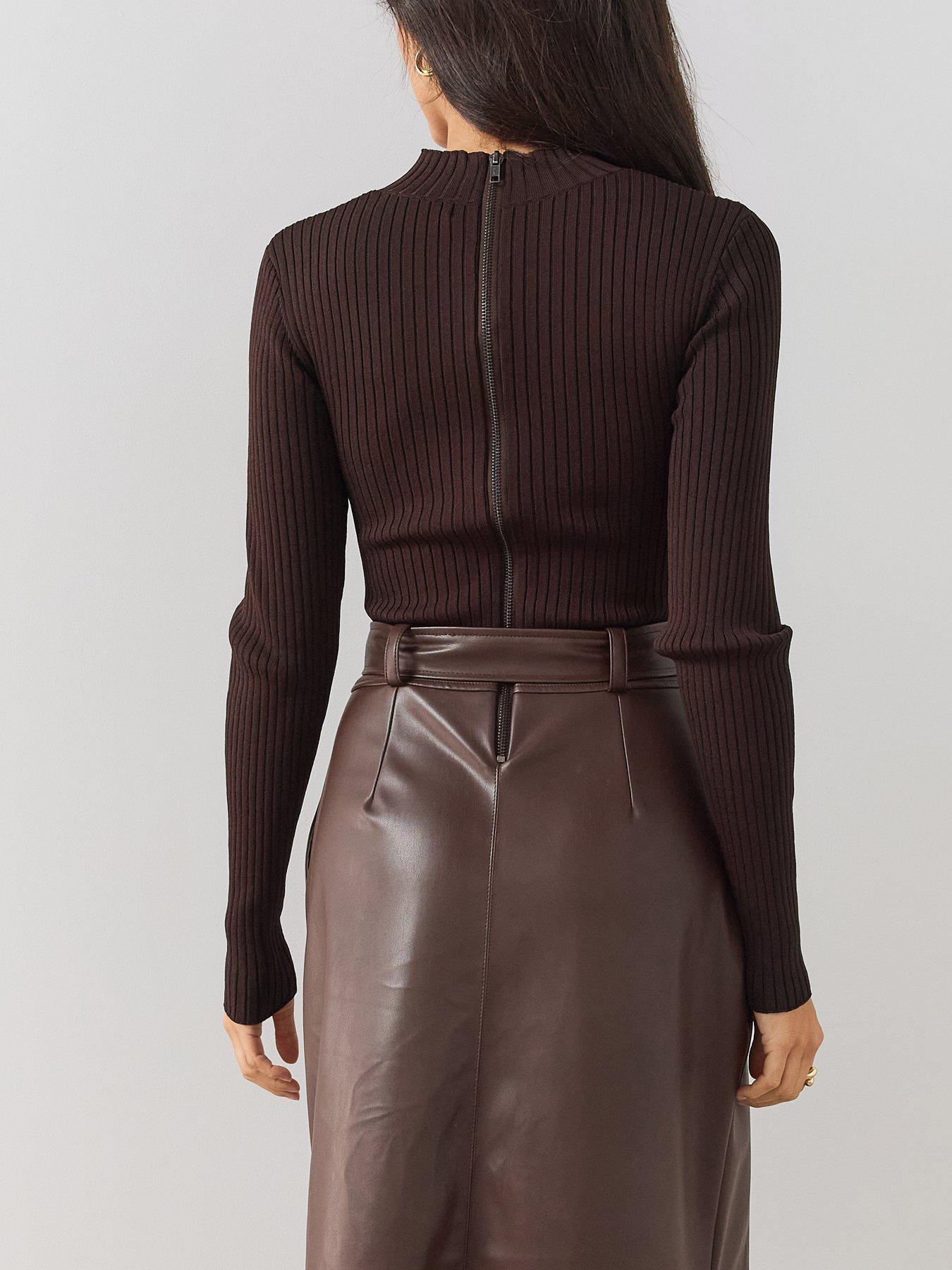 Image 5 of 7 of The Very Collection Womens 2 In 1 Ribbed Faux Leather Dress - Brown