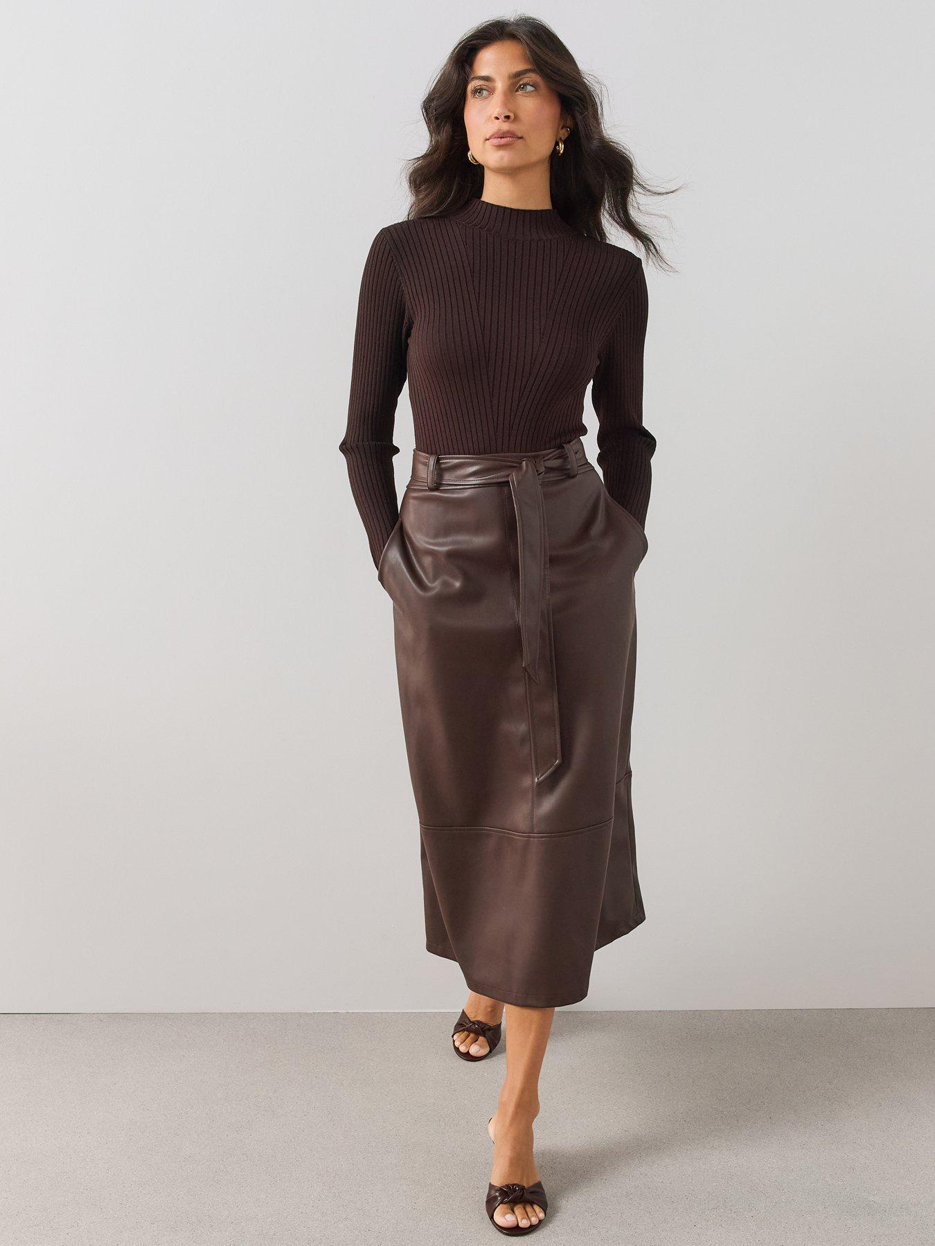 Image 6 of 7 of The Very Collection Womens 2 In 1 Ribbed Faux Leather Dress - Brown