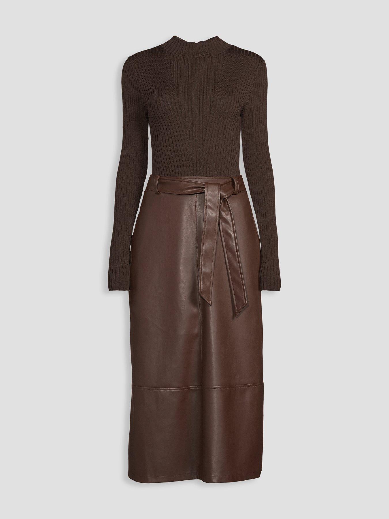 Image 7 of 7 of The Very Collection Womens 2 In 1 Ribbed Faux Leather Dress - Brown