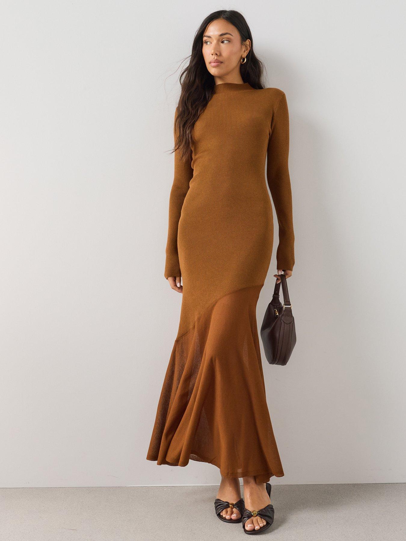 Image 1 of 7 of The Very Collection Womens&nbsp;Asymmetric Hem Ribbed Knit Maxi Dress - Brown