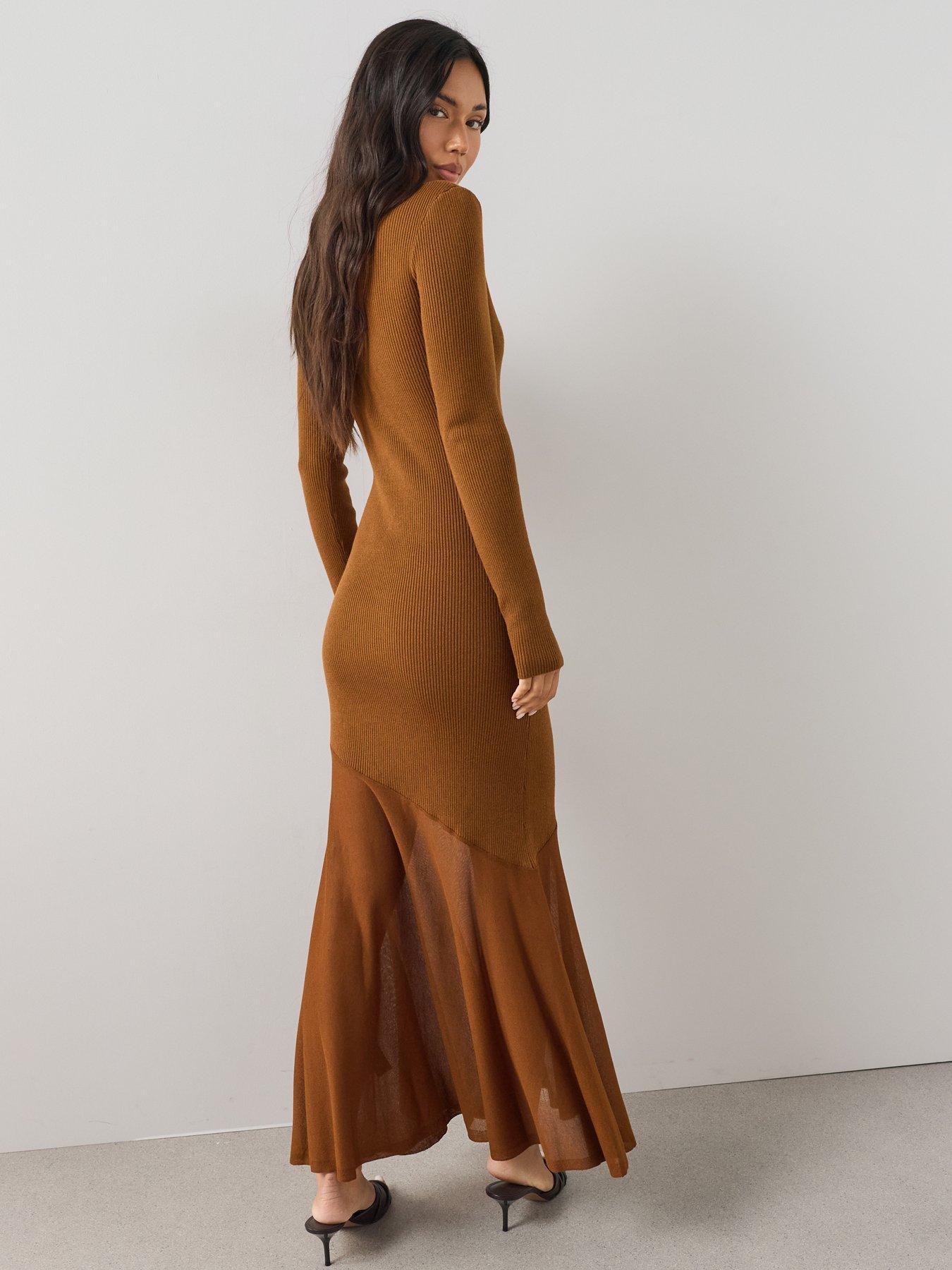 Image 2 of 7 of The Very Collection Womens&nbsp;Asymmetric Hem Ribbed Knit Maxi Dress - Brown