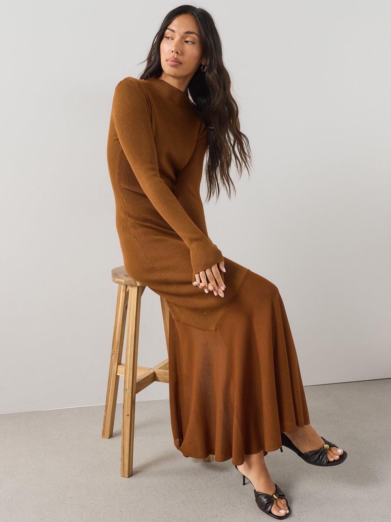 Image 3 of 7 of The Very Collection Womens&nbsp;Asymmetric Hem Ribbed Knit Maxi Dress - Brown