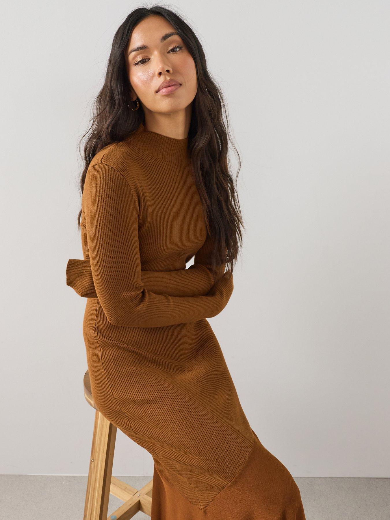 Image 4 of 7 of The Very Collection Womens&nbsp;Asymmetric Hem Ribbed Knit Maxi Dress - Brown