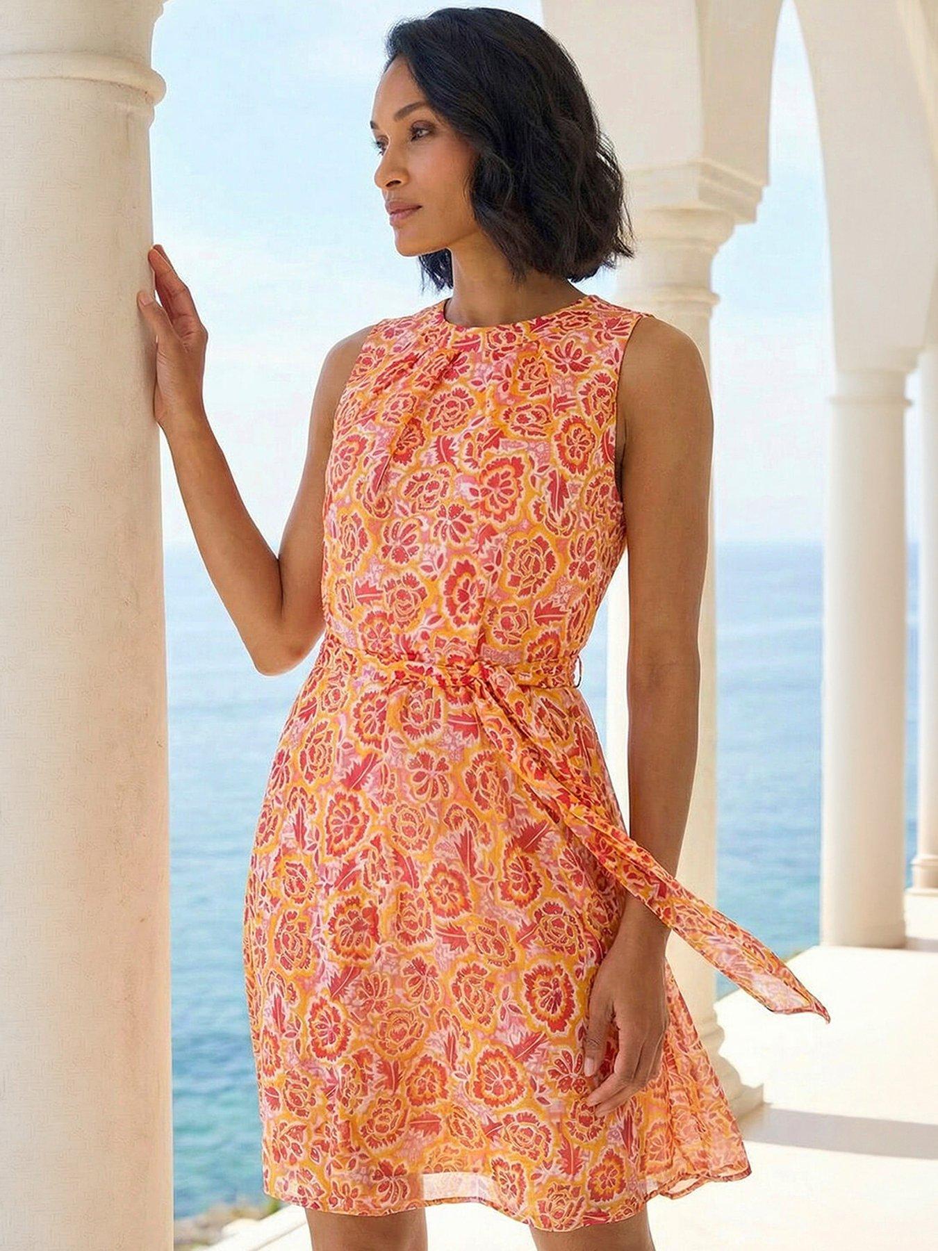 Roman Floral Shimmer Tie Waist Dress