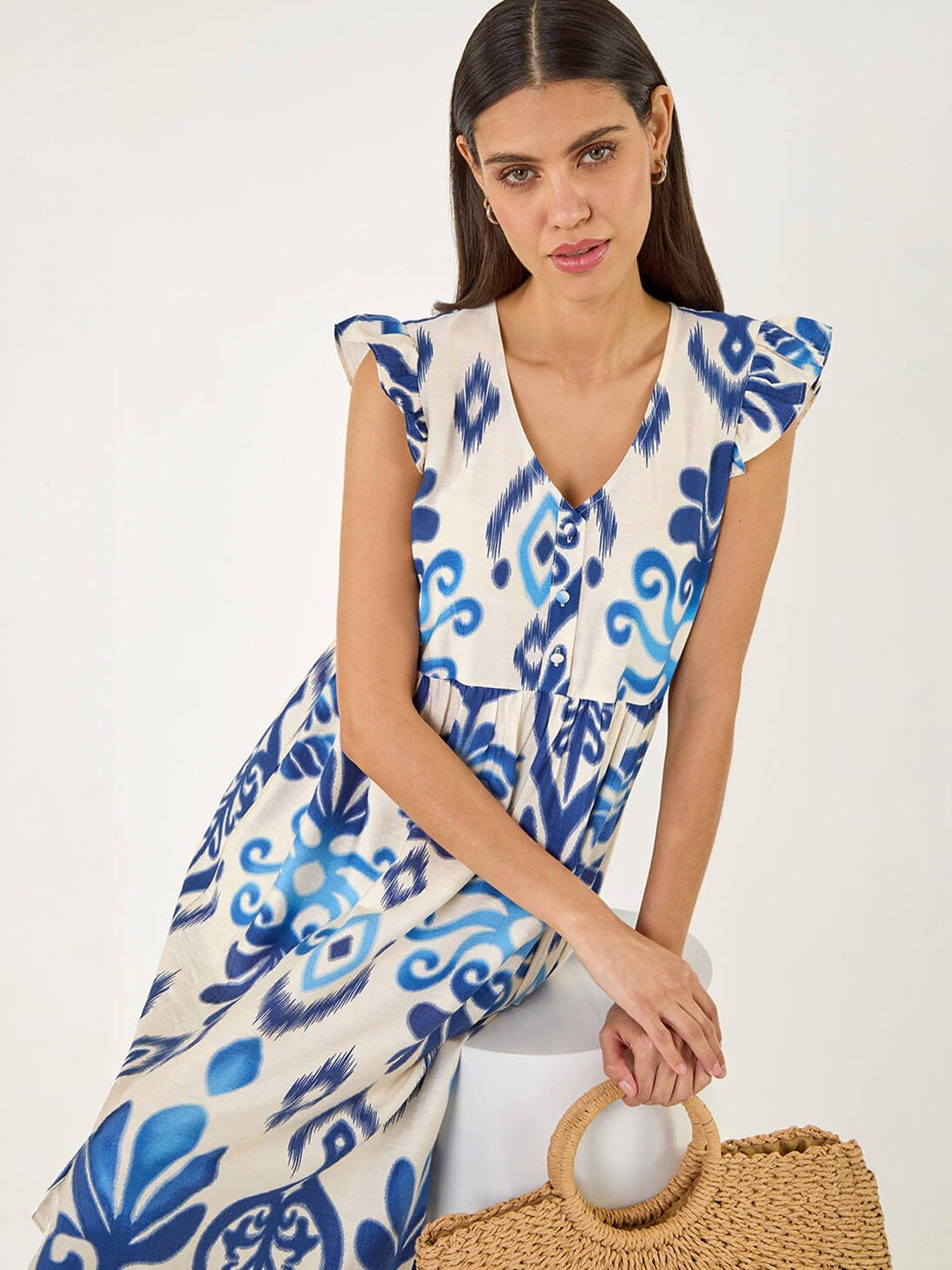 Roman Abstract Print Frill Detail Midi Dress