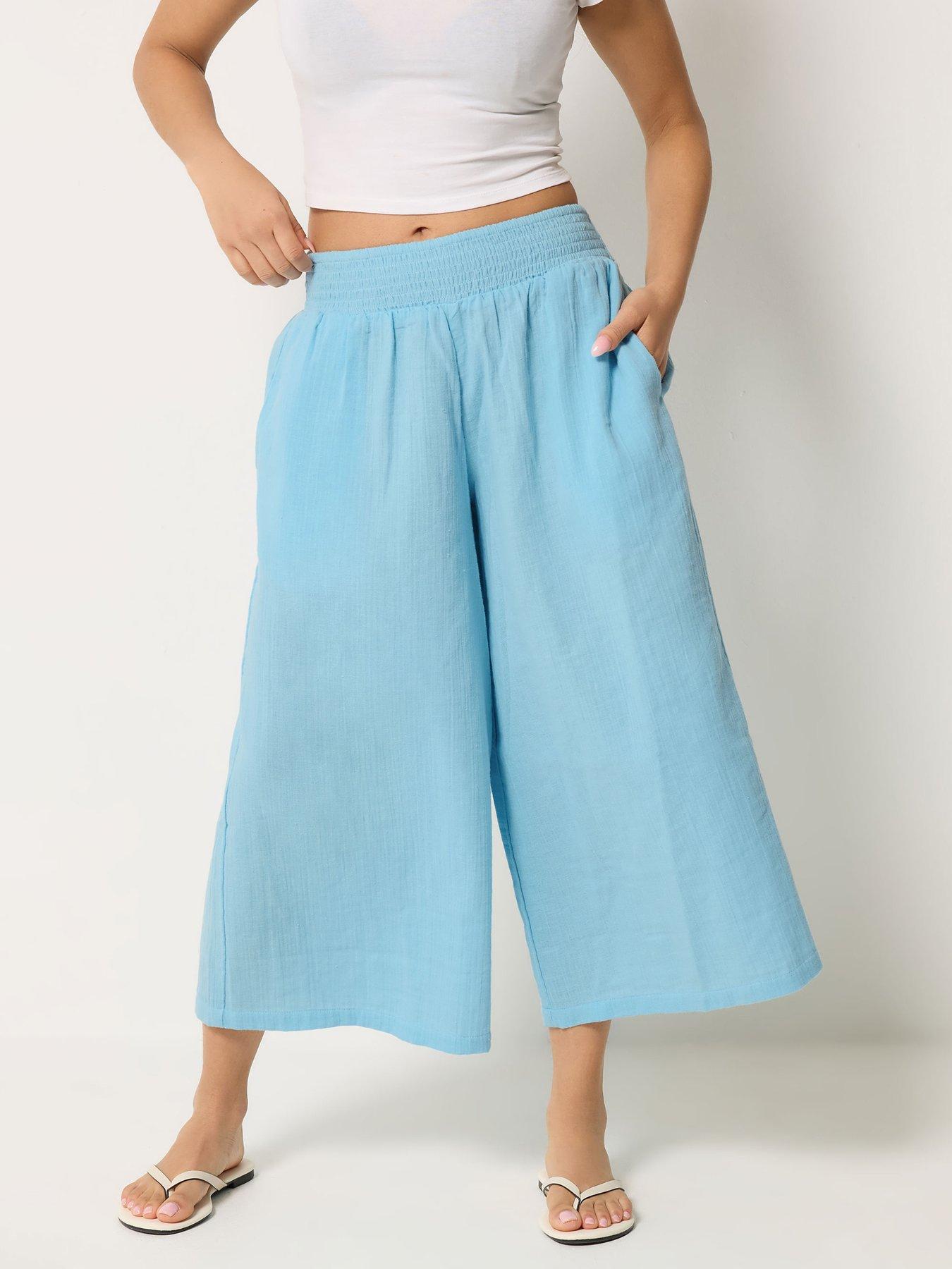PixieGirl Petite Cheesecloth Wide Leg Crop Culotte - Blue