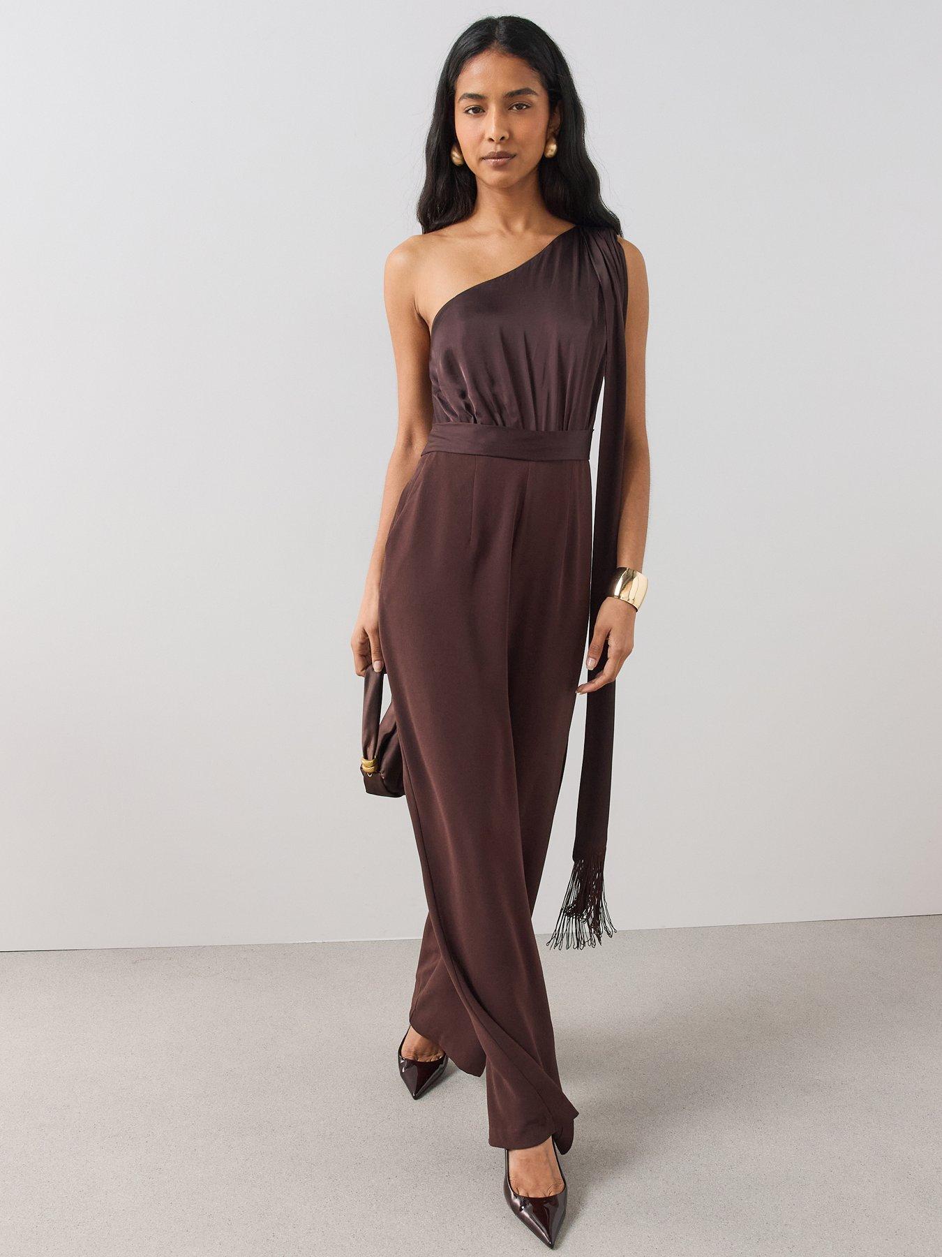 Image 1 of 6 of The Very Collection Womens One-Shoulder Tassel Scarf Wide-Leg Jumpsuit - Brown