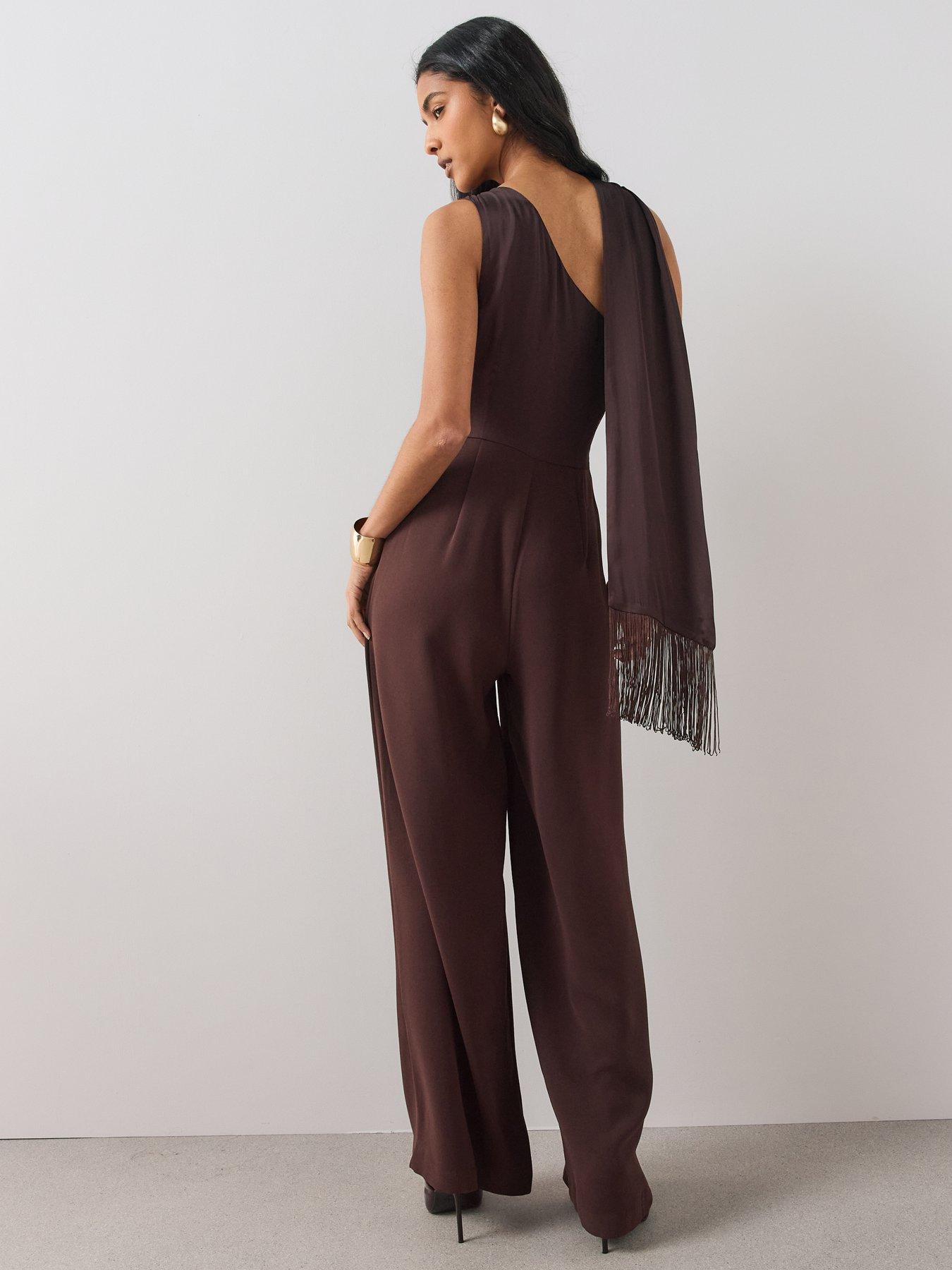 Image 2 of 6 of The Very Collection Womens One-Shoulder Tassel Scarf Wide-Leg Jumpsuit - Brown