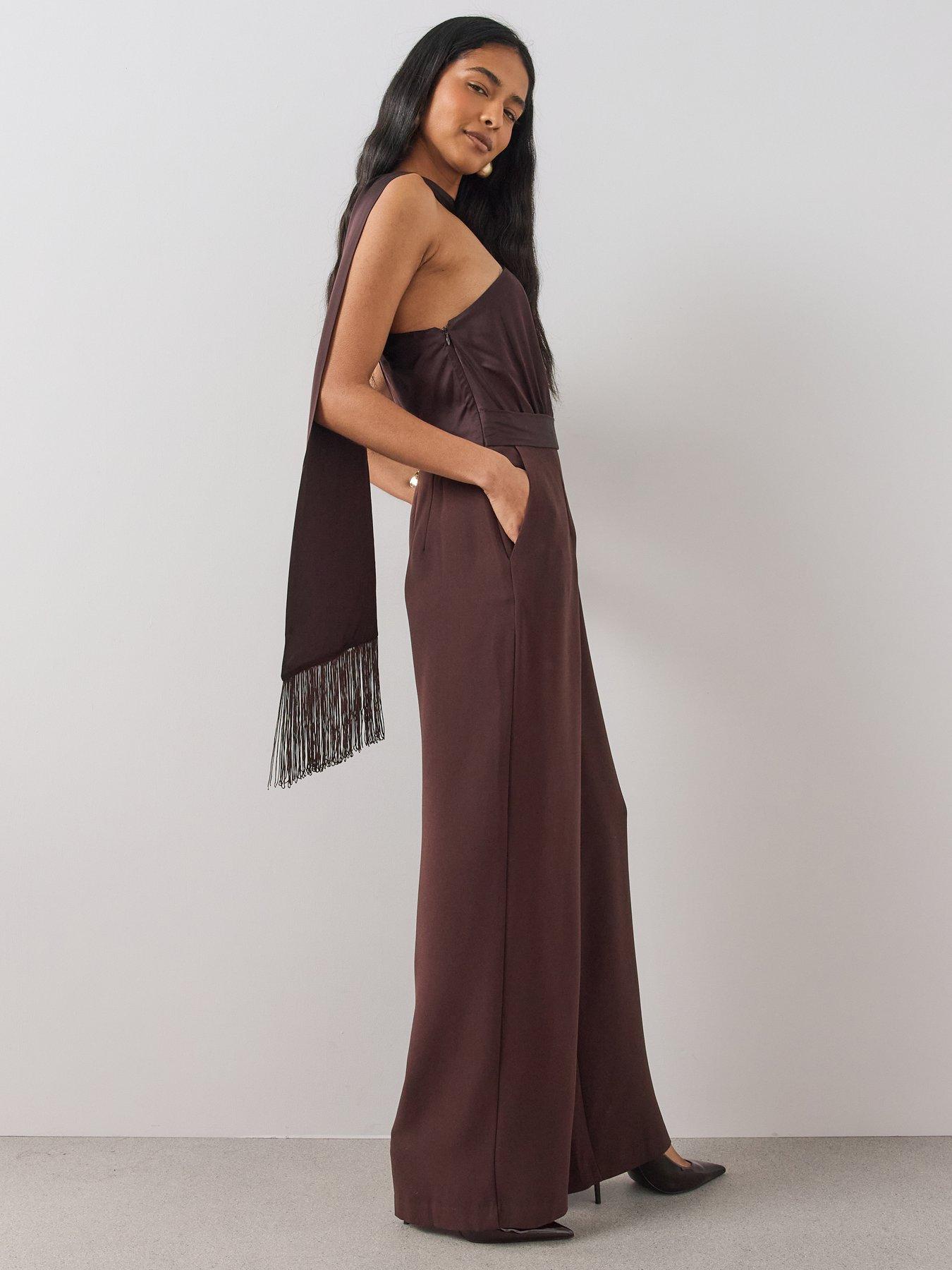 Image 3 of 6 of The Very Collection Womens One-Shoulder Tassel Scarf Wide-Leg Jumpsuit - Brown