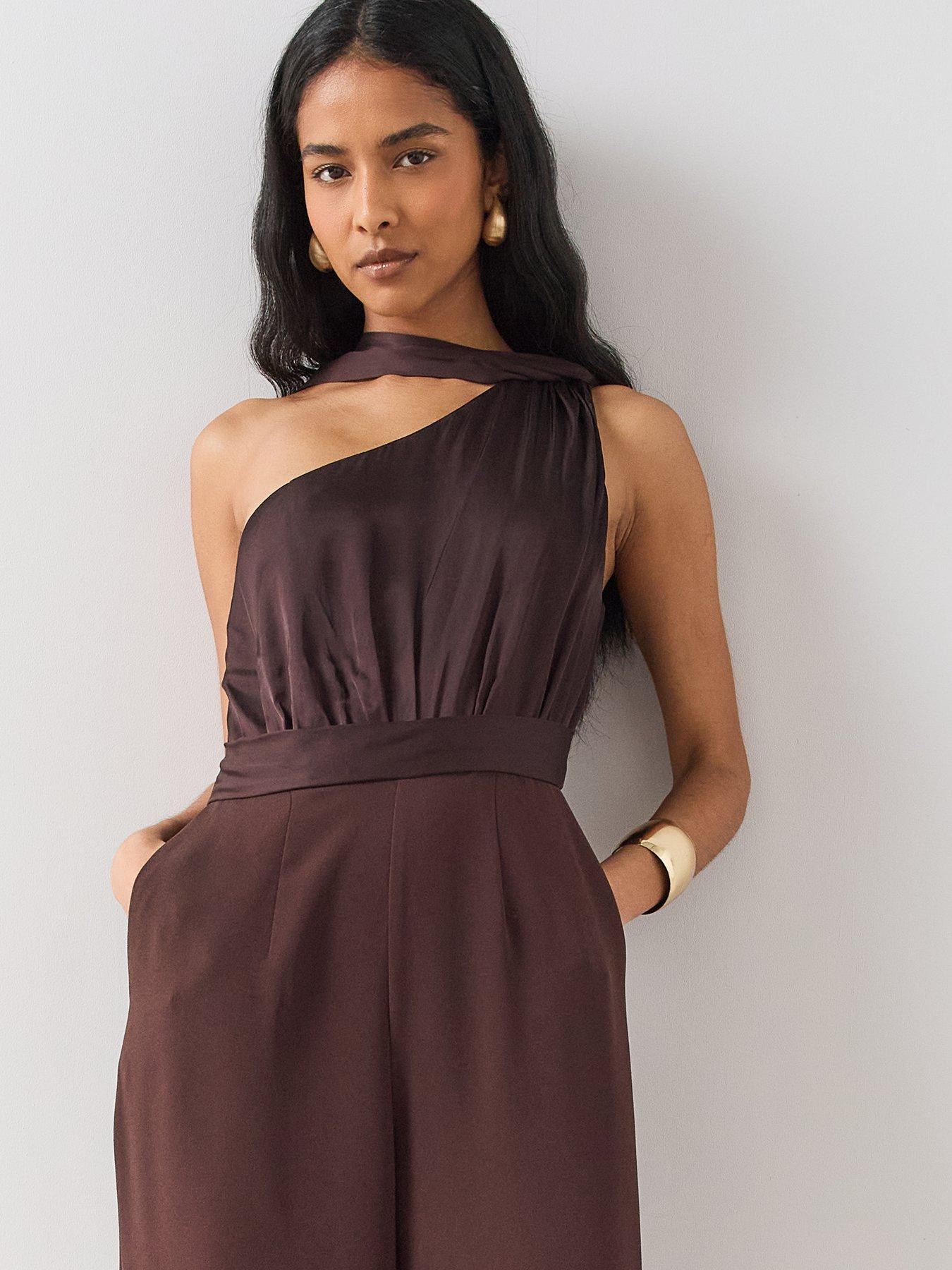 Image 4 of 6 of The Very Collection Womens One-Shoulder Tassel Scarf Wide-Leg Jumpsuit - Brown