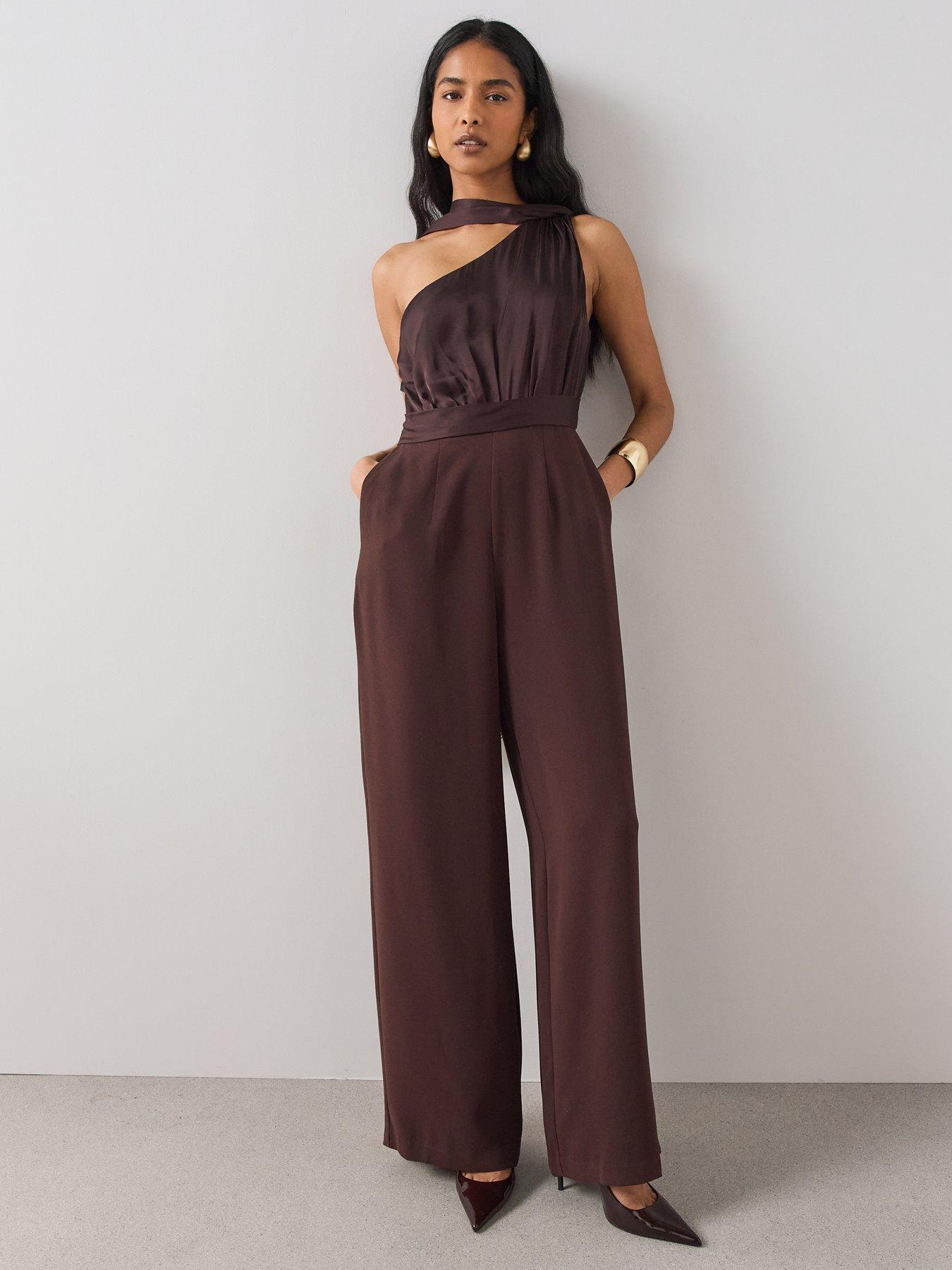 Image 5 of 6 of The Very Collection Womens One-Shoulder Tassel Scarf Wide-Leg Jumpsuit - Brown
