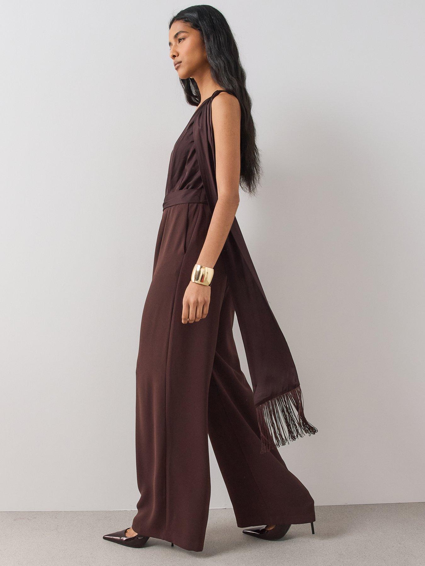 Image 6 of 6 of The Very Collection Womens One-Shoulder Tassel Scarf Wide-Leg Jumpsuit - Brown
