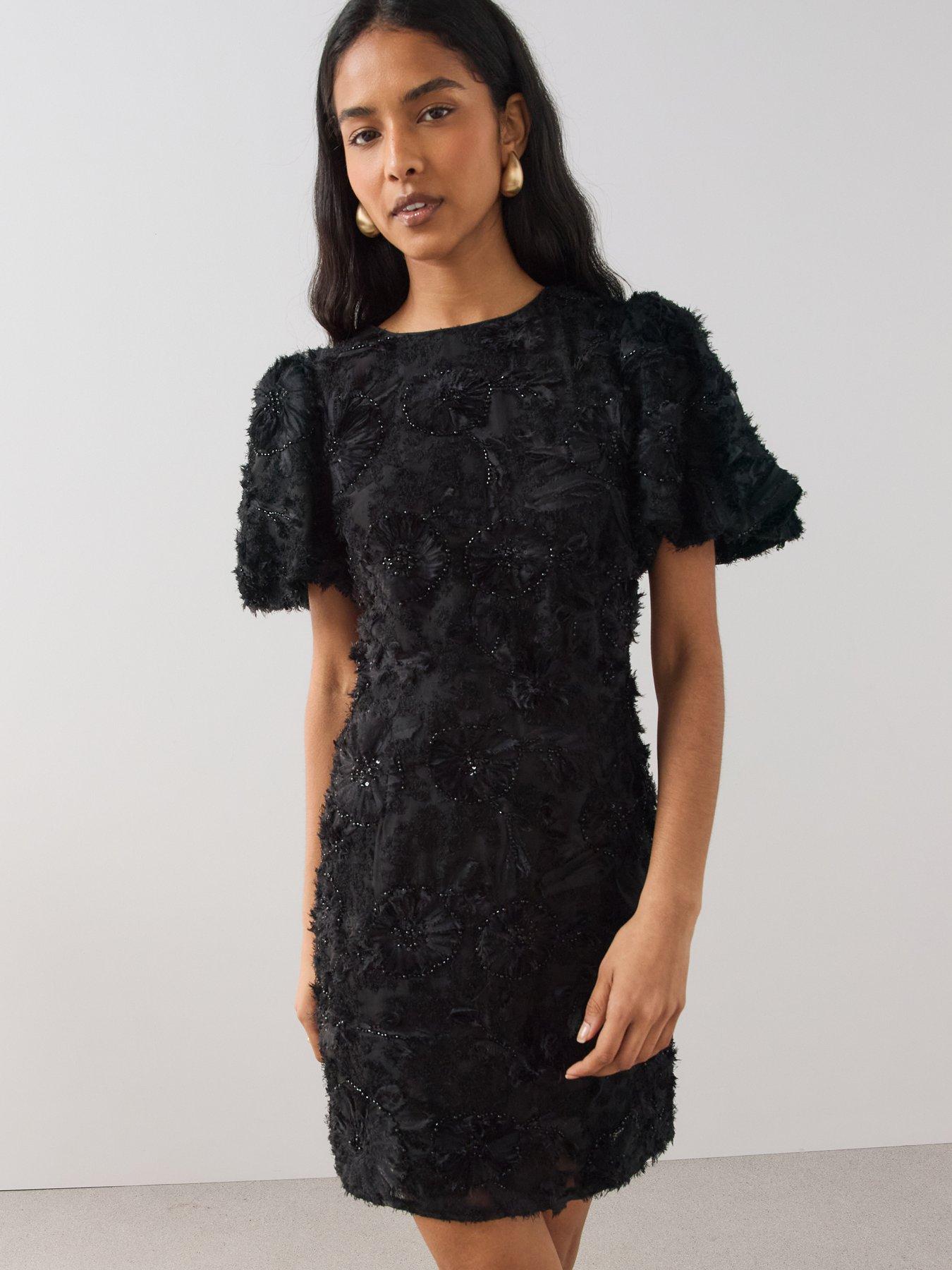 Image 1 of 6 of The Very Collection Womens Floral Textured Jacquard Puff Sleeve Mini Dress - Black