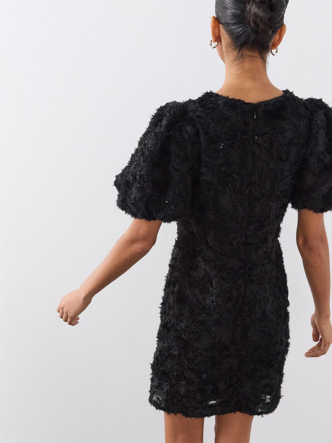 Image 2 of 6 of The Very Collection Womens Floral Textured Jacquard Puff Sleeve Mini Dress - Black