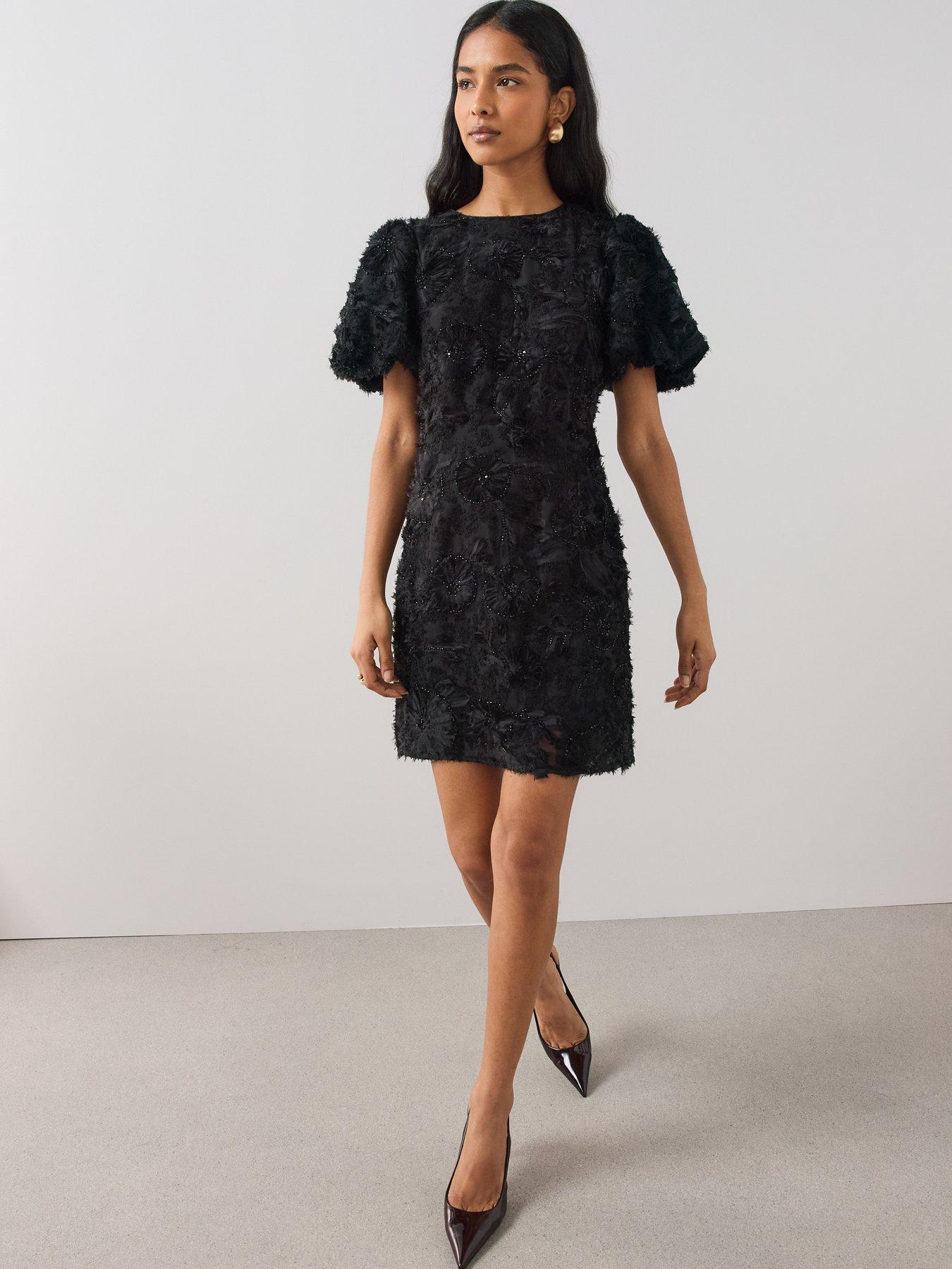 Image 3 of 6 of The Very Collection Womens Floral Textured Jacquard Puff Sleeve Mini Dress - Black