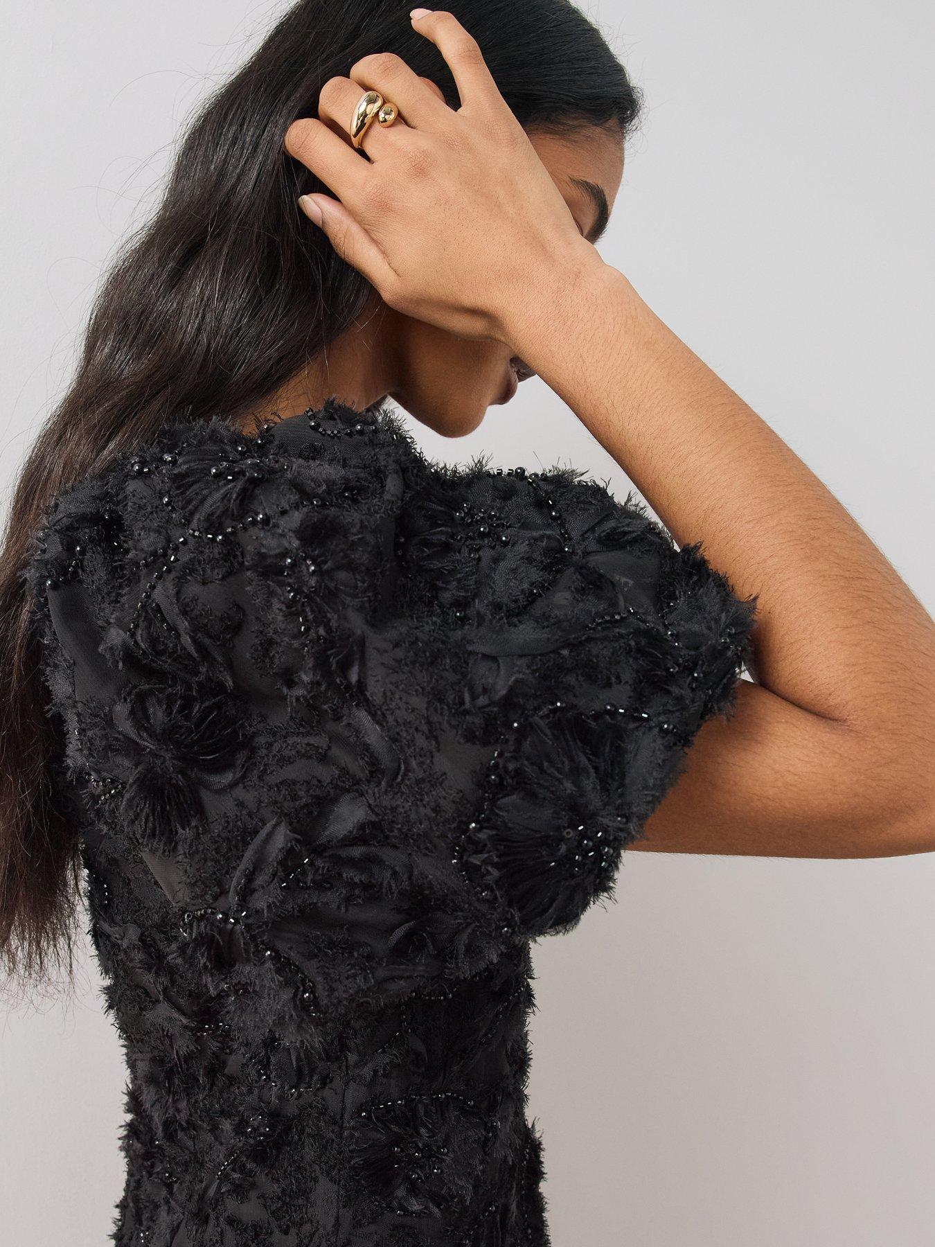 Image 4 of 6 of The Very Collection Womens Floral Textured Jacquard Puff Sleeve Mini Dress - Black