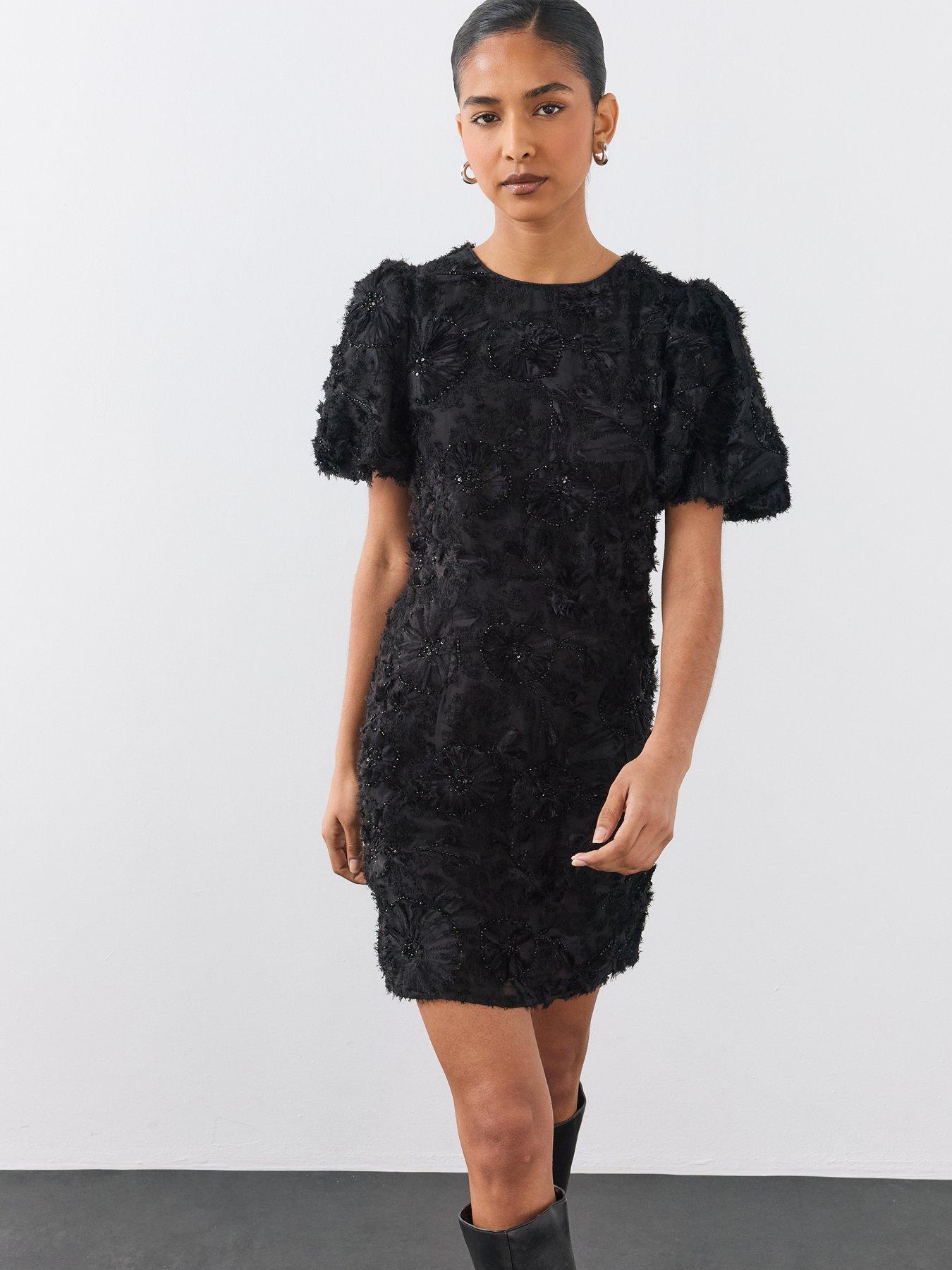 Image 5 of 6 of The Very Collection Womens Floral Textured Jacquard Puff Sleeve Mini Dress - Black