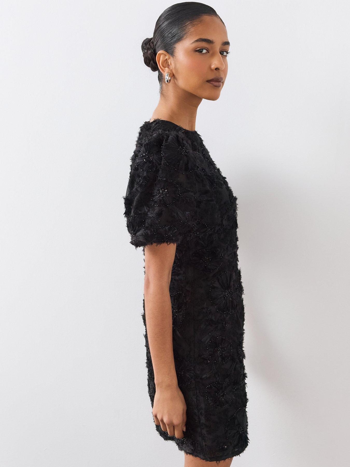 Image 6 of 6 of The Very Collection Womens Floral Textured Jacquard Puff Sleeve Mini Dress - Black
