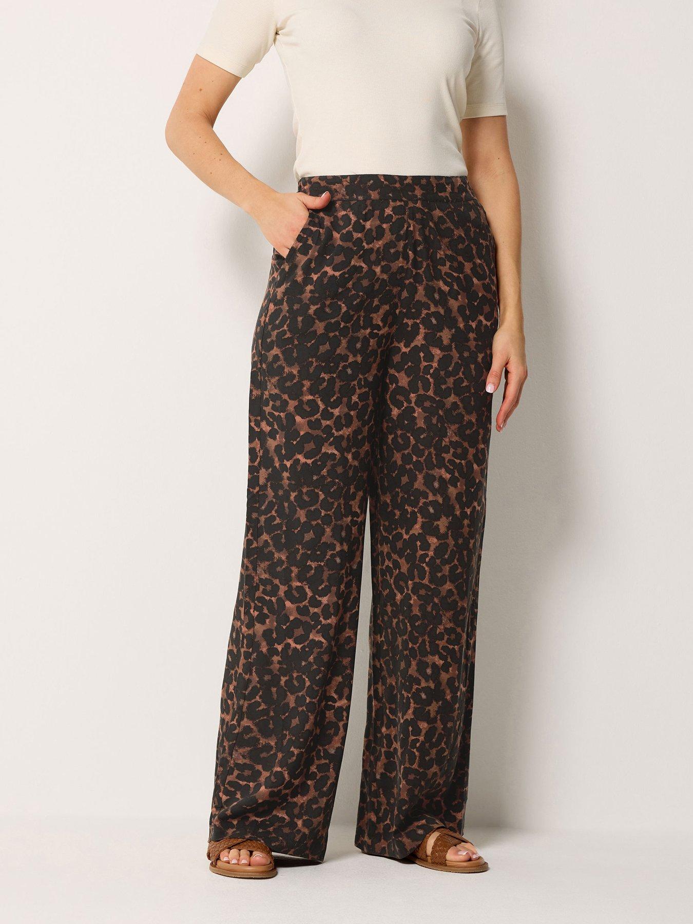 Long Tall Sally Leopard Print Wide Leg Trousers 36" - Brown