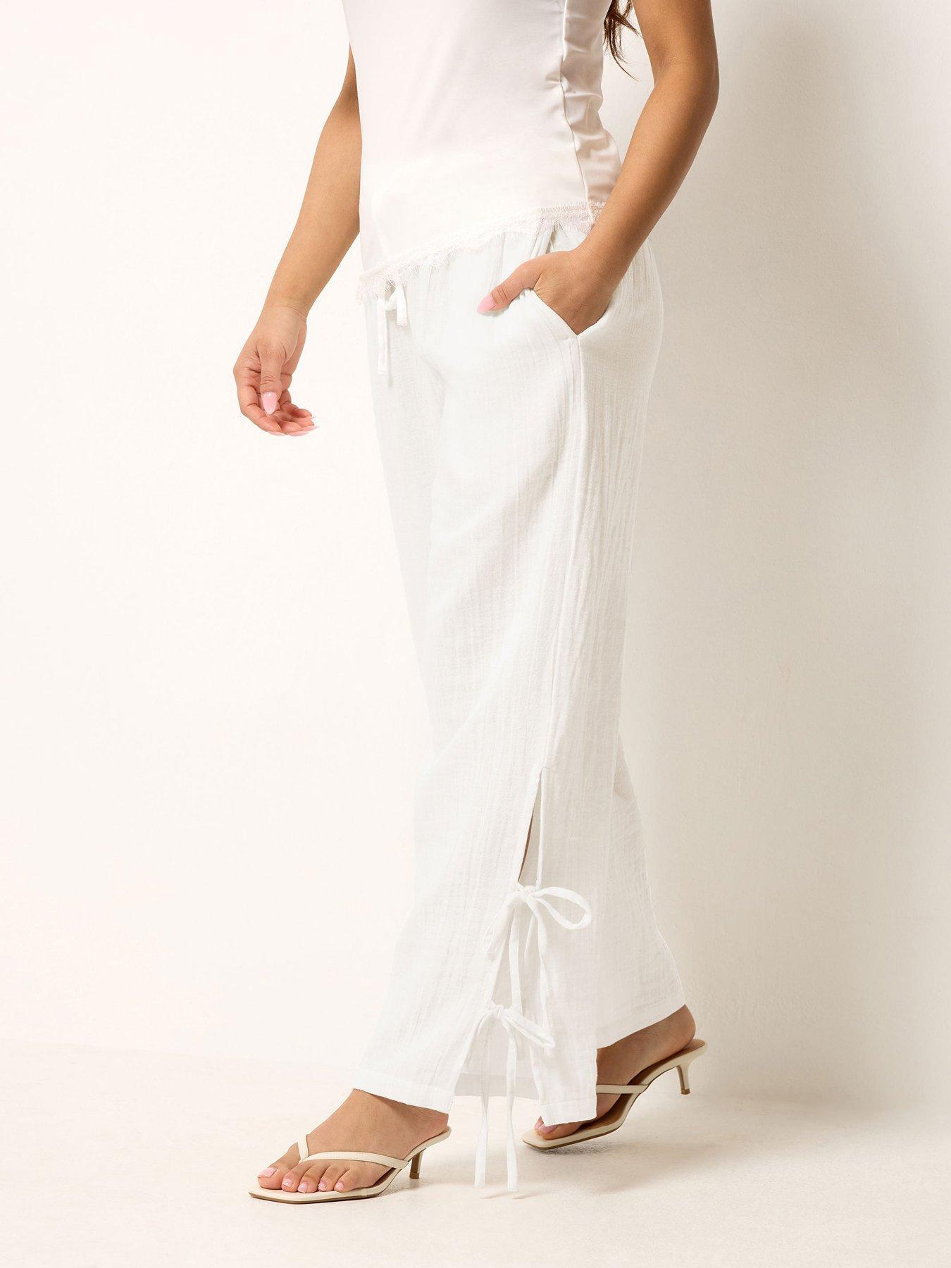 PixieGirl Petite Cheesecloth Tie Side Wide Leg Trousers - White