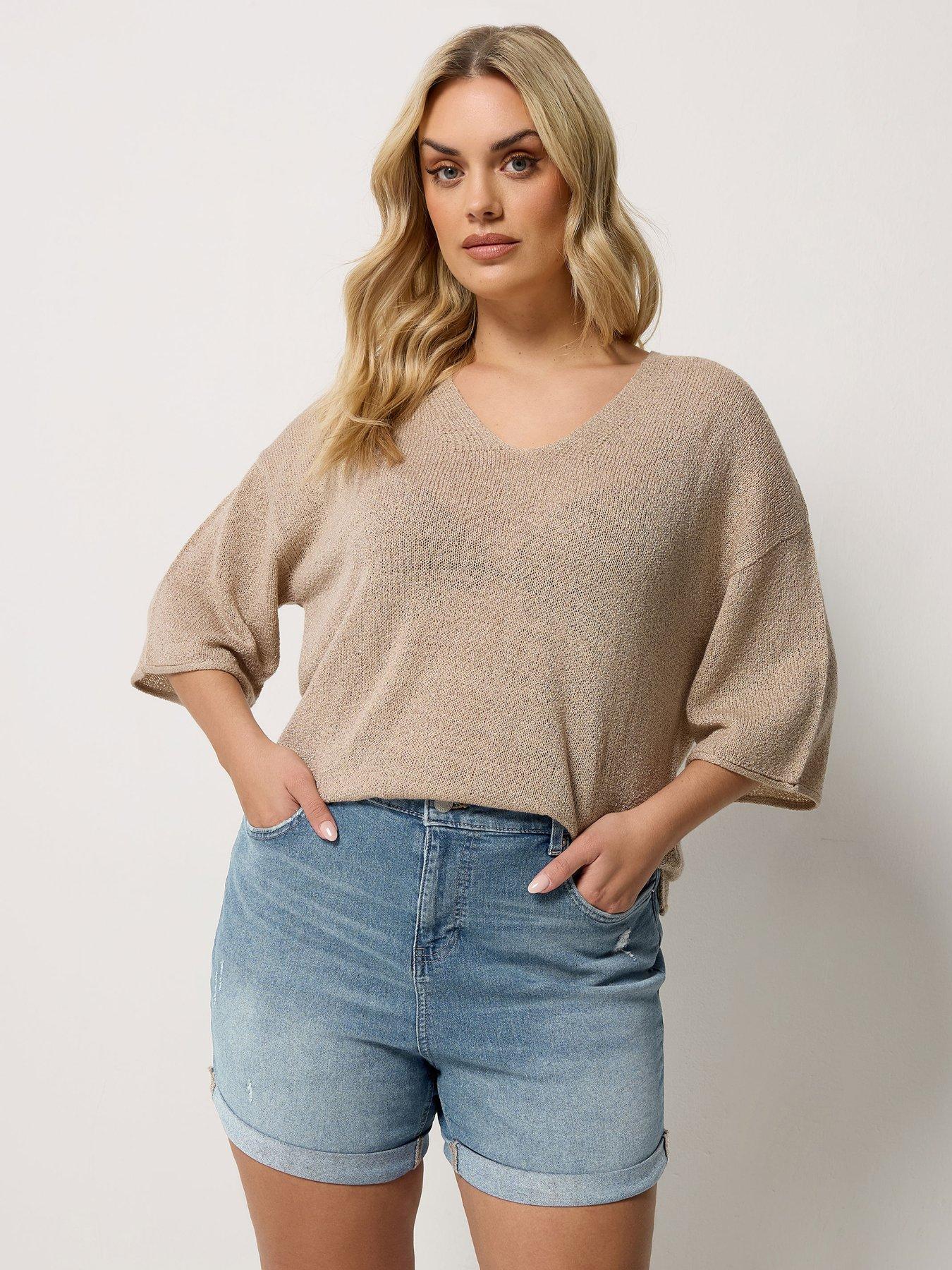 Yours Curve Light Denim Boyfriend Shorts - Blue