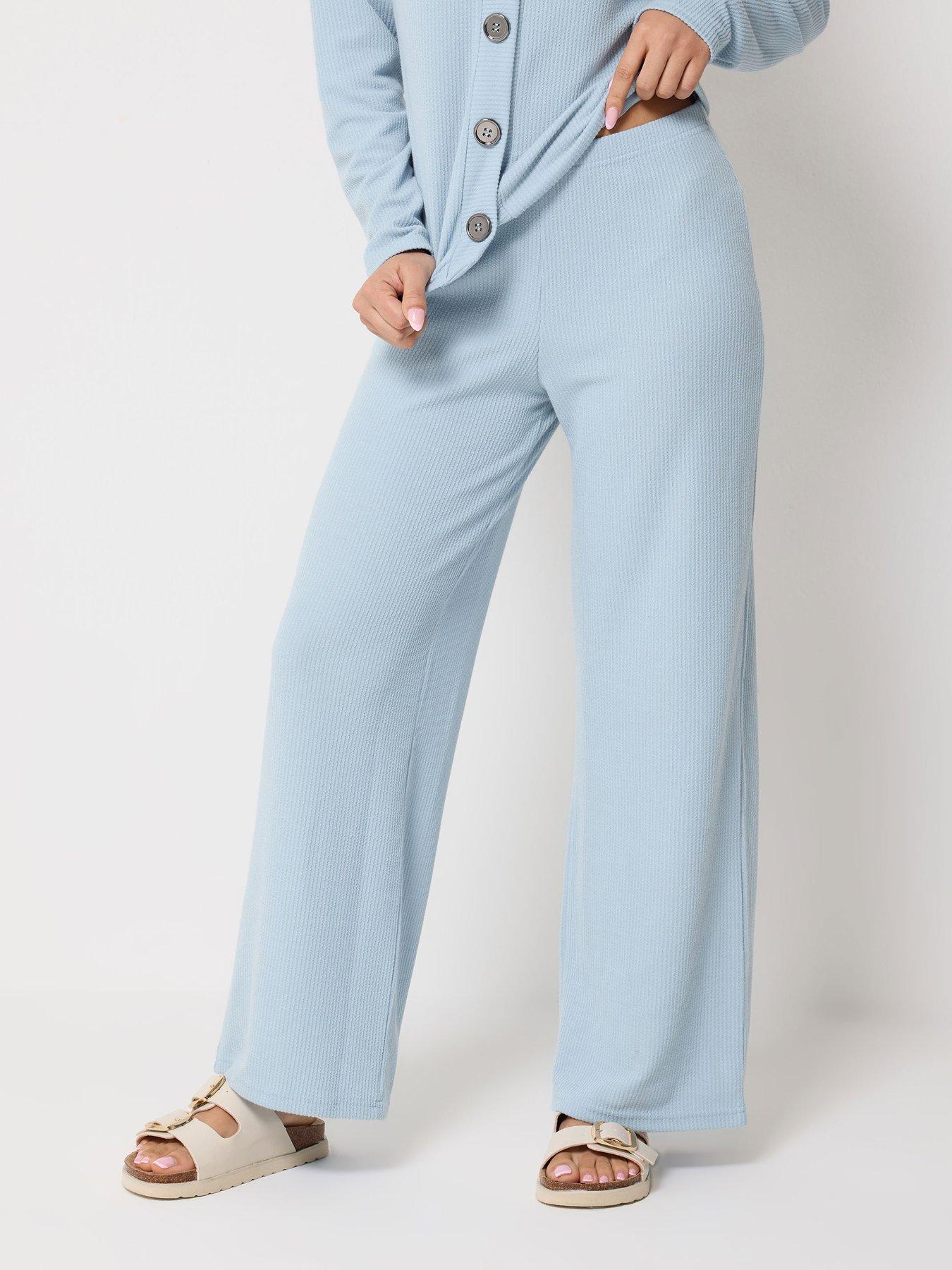 Image 1 of 4 of PixieGirl Petite Textured Wide Leg Trousers - Blue