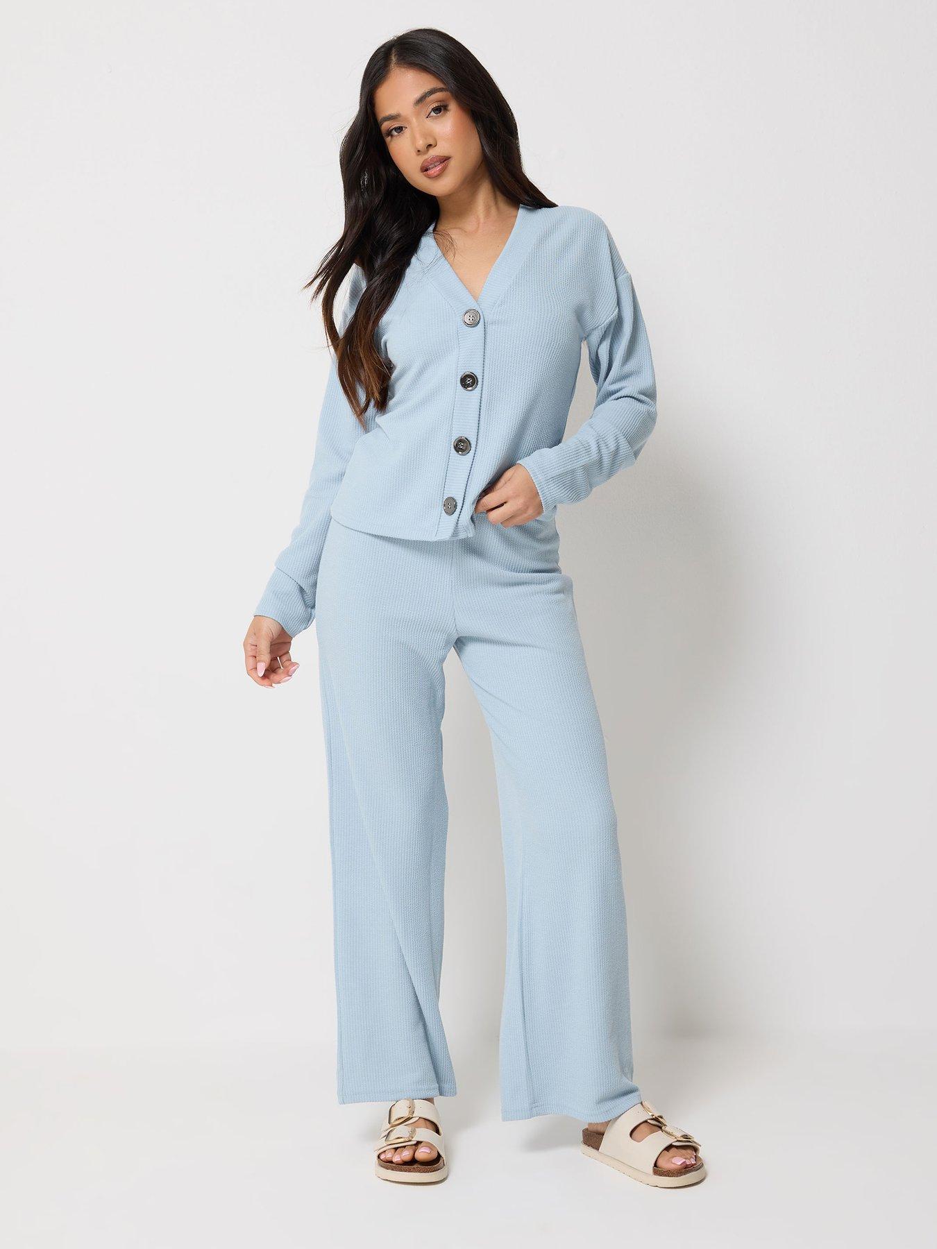 Image 3 of 4 of PixieGirl Petite Textured Wide Leg Trousers - Blue