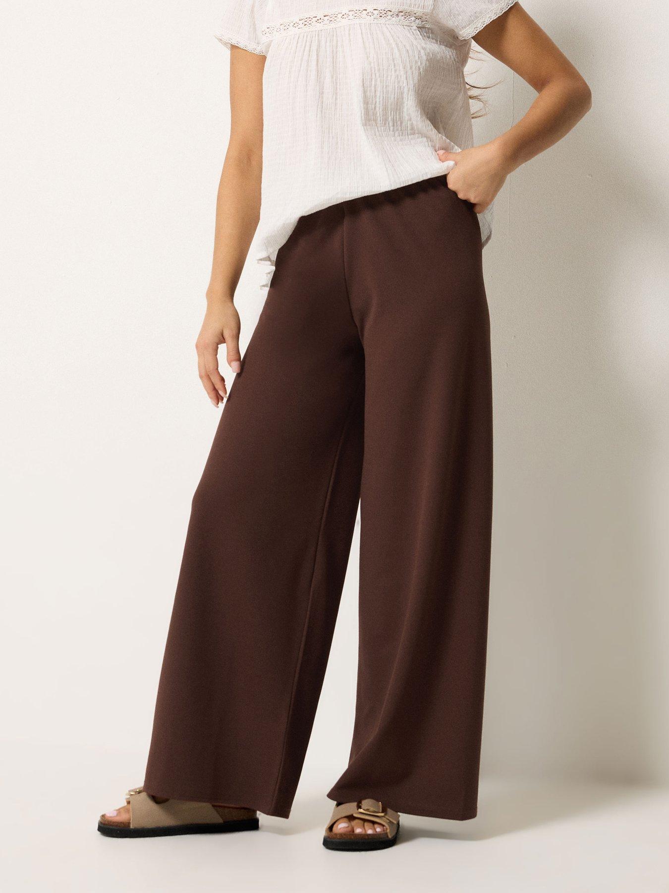 Image 1 of 4 of PixieGirl Petite Stripe Wide Leg Scuba Trousers - Brown