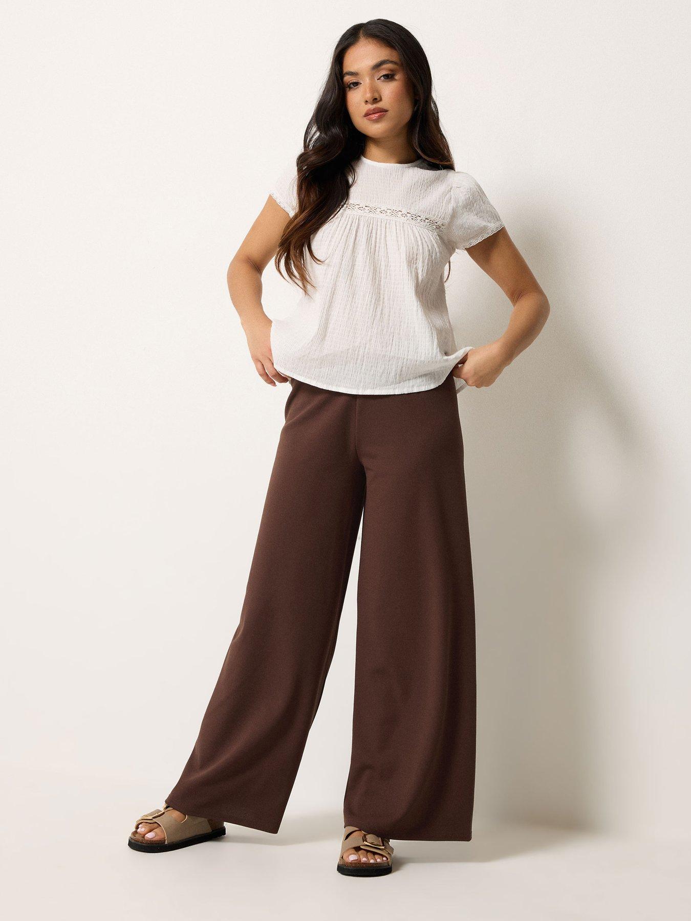 Image 3 of 4 of PixieGirl Petite Stripe Wide Leg Scuba Trousers - Brown