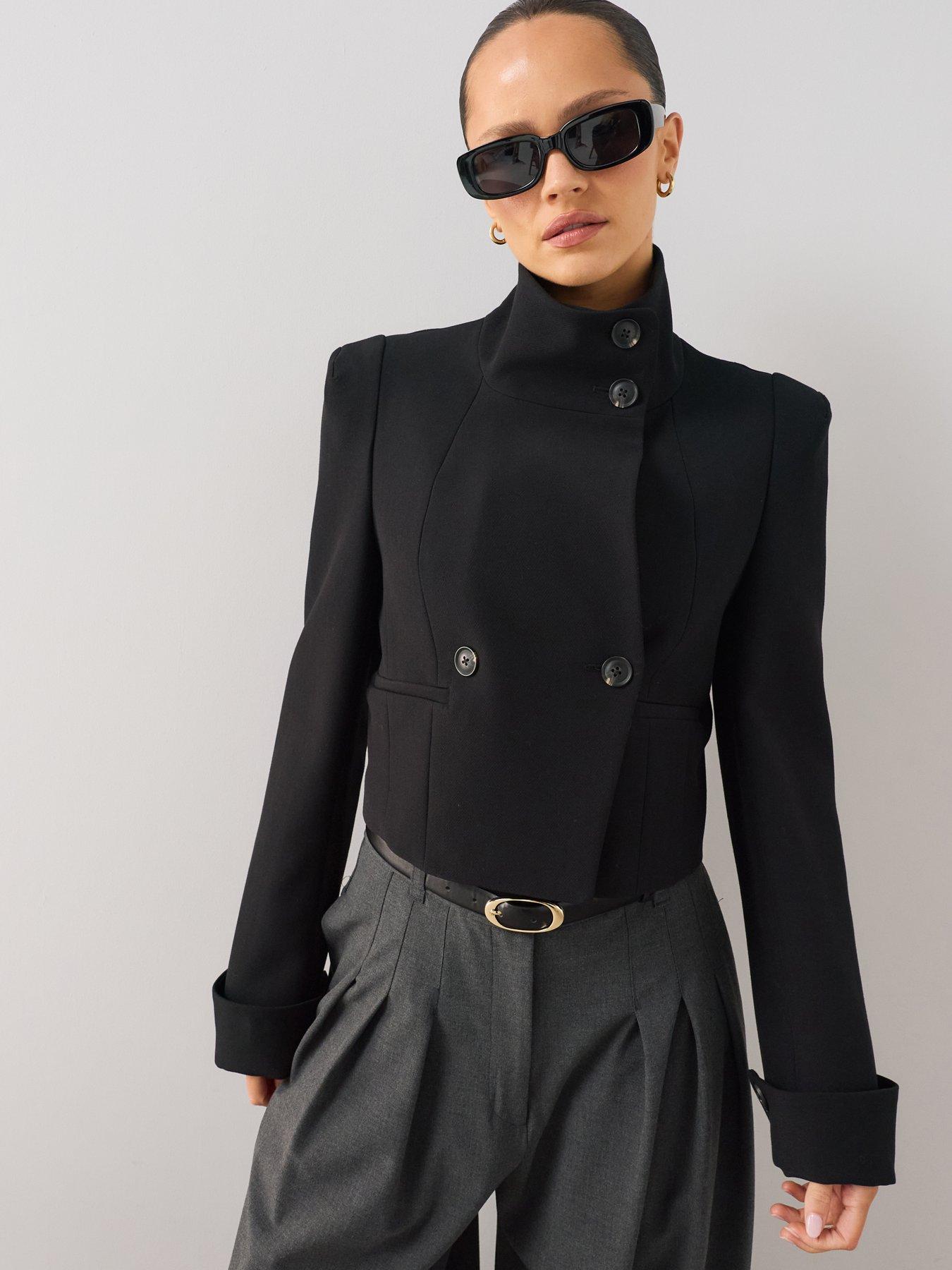 Image 1 of 7 of The Very Collection Women's Funnel Neck Cropped Double-Breasted Jacket - Black