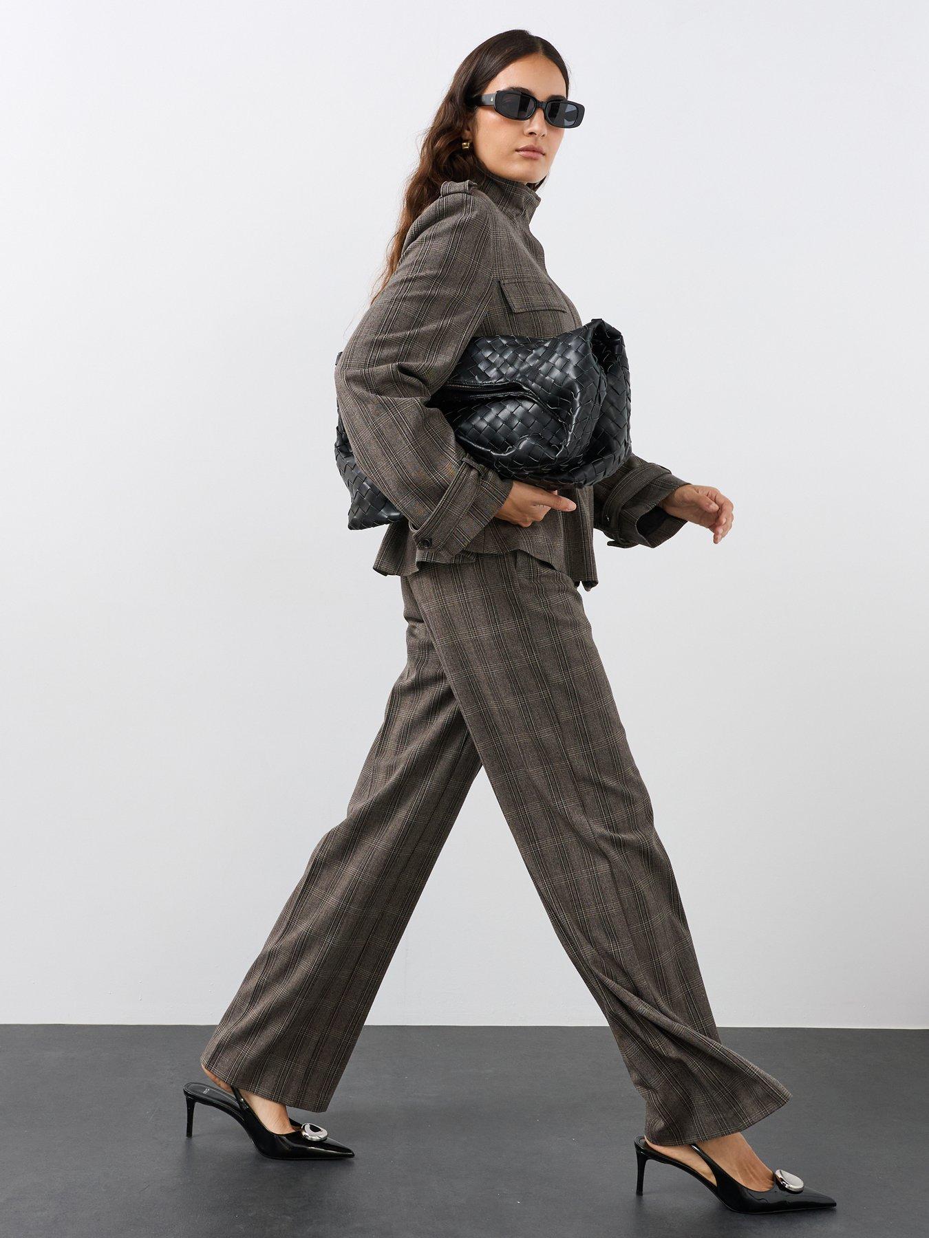 Image 1 of 6 of The Very Collection Womens Check Wide Leg Trousers - Grey