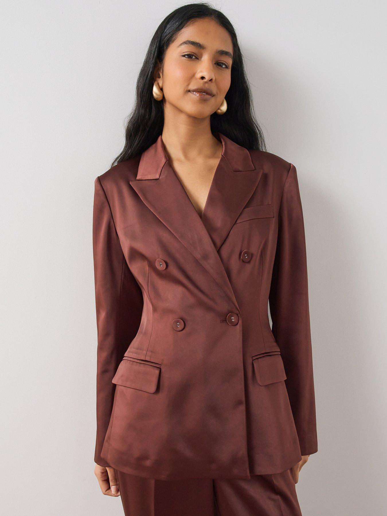 Image 1 of 7 of The Very Collection Womens Satin Double Breasted Longline Suit Jacket - Brown