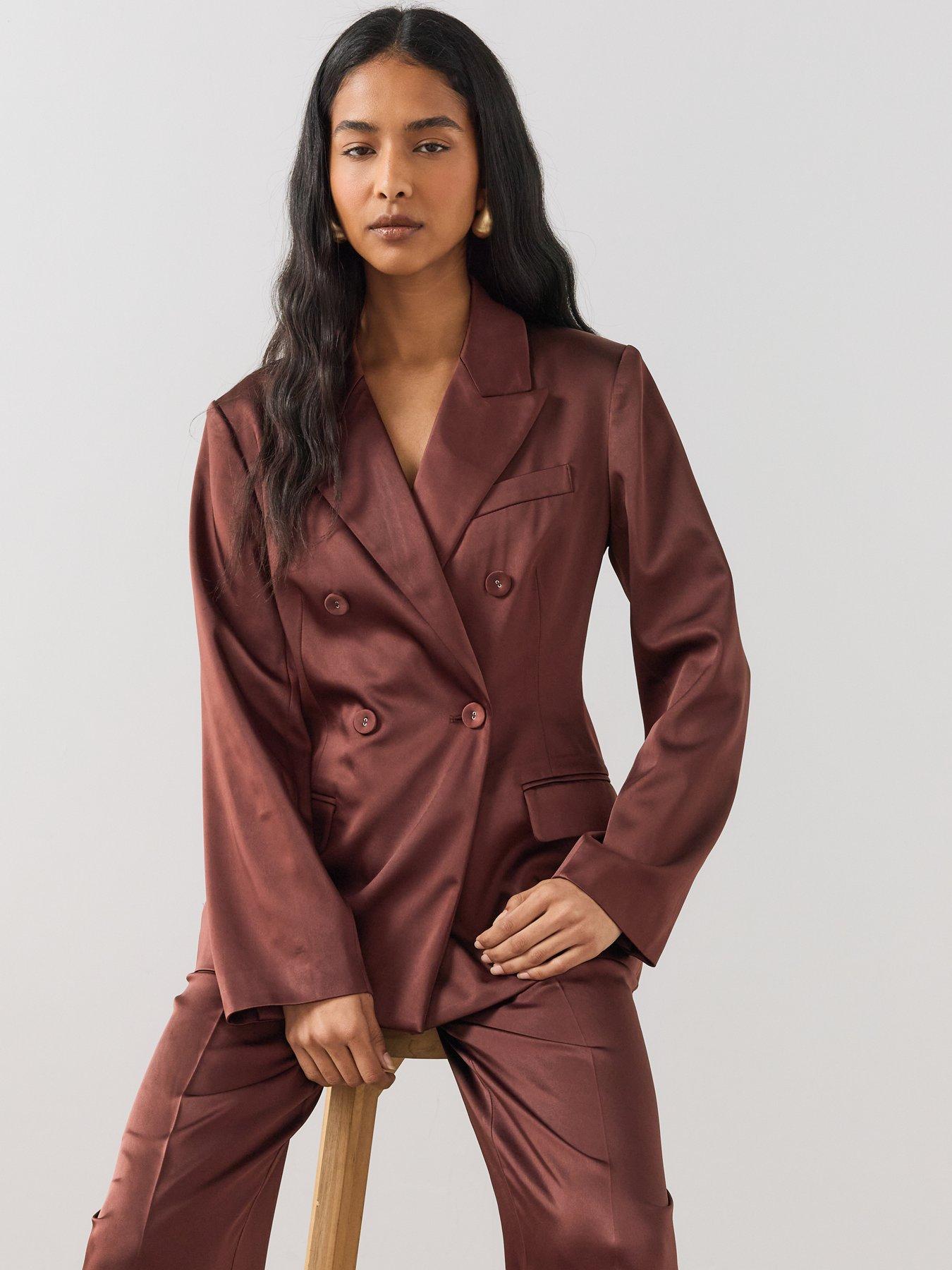 Image 4 of 7 of The Very Collection Womens Satin Double Breasted Longline Suit Jacket - Brown