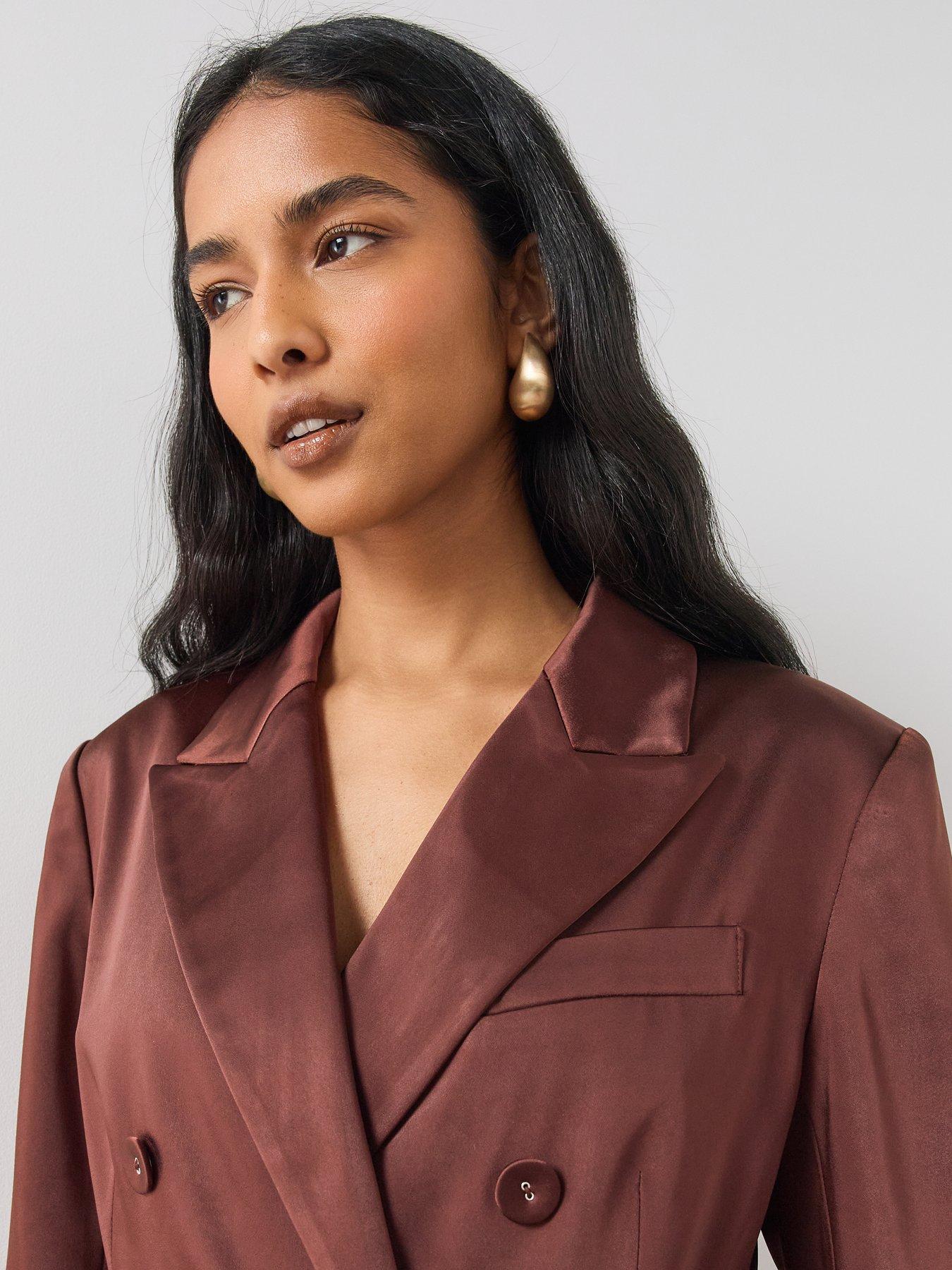 Image 6 of 7 of The Very Collection Womens Satin Double Breasted Longline Suit Jacket - Brown