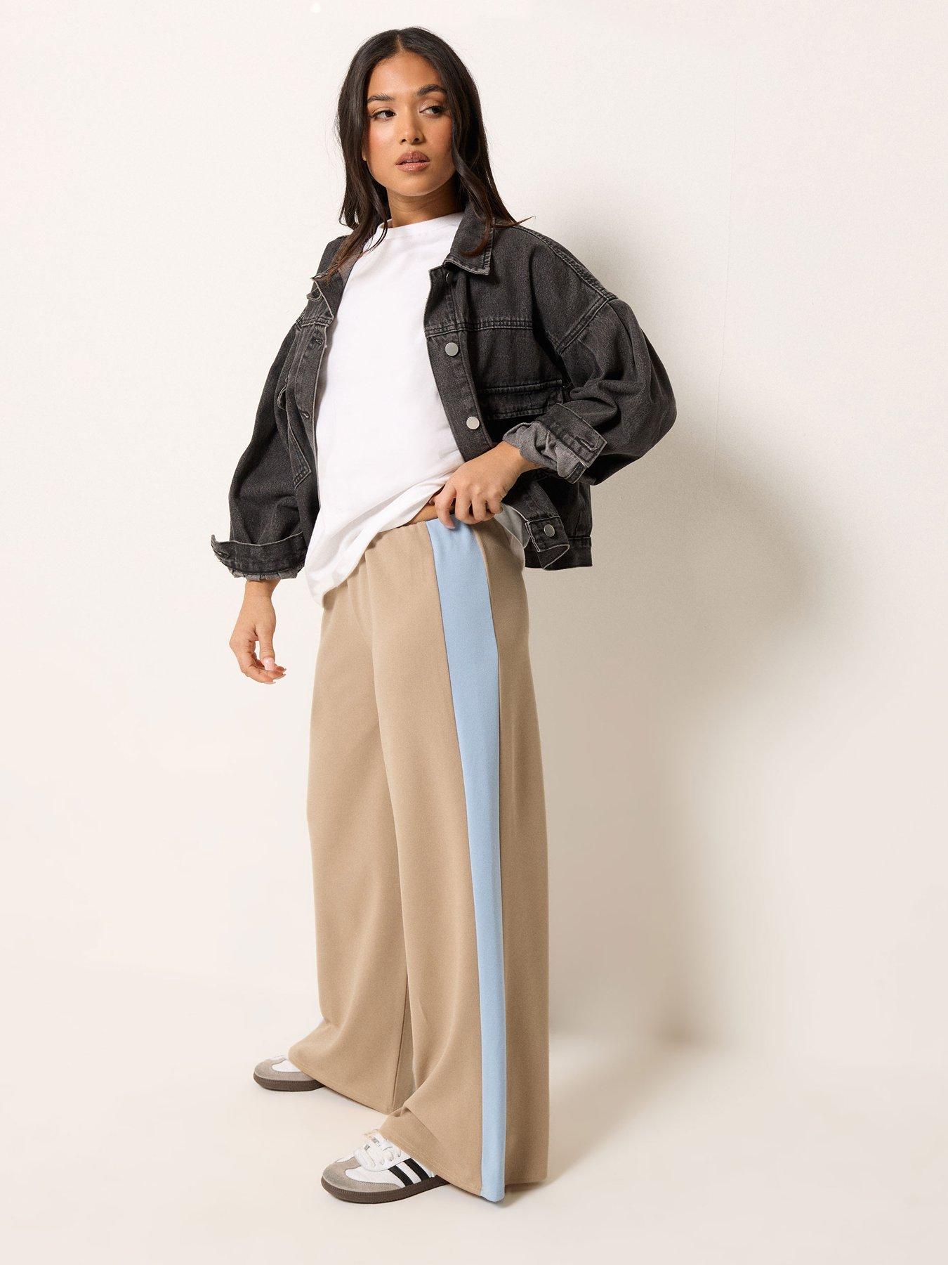 Image 3 of 5 of PixieGirl Petite Stripe Wide Leg Scuba Trousers - Cream