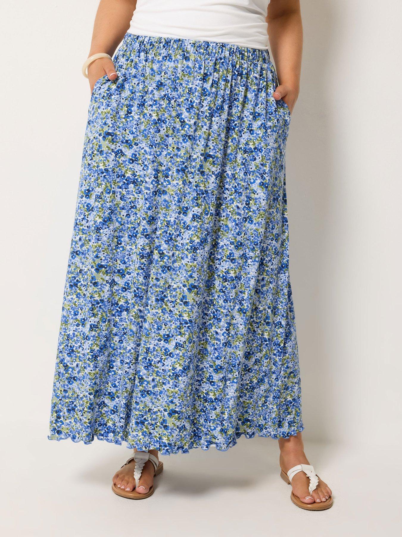 Yours Curve Ditsy Print Gathered Skirt - Blue