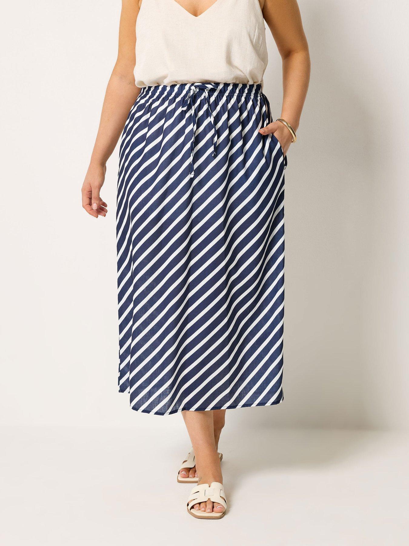 Yours Curve Linen Look Stripe Skirt - Blue