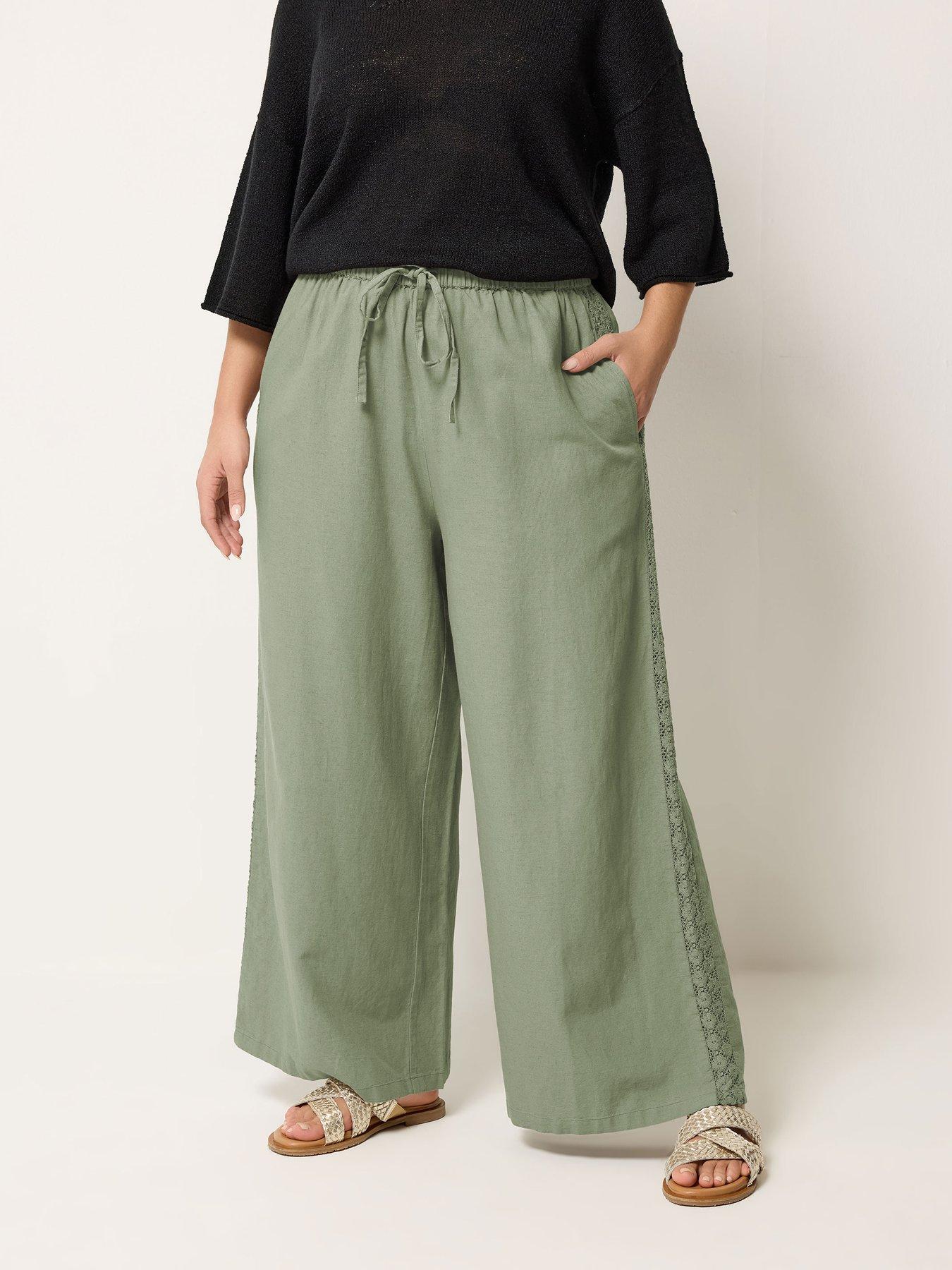 Image 1 of 5 of Yours Curve Crochet Side Detail Wide Leg Trouser 28" - Green