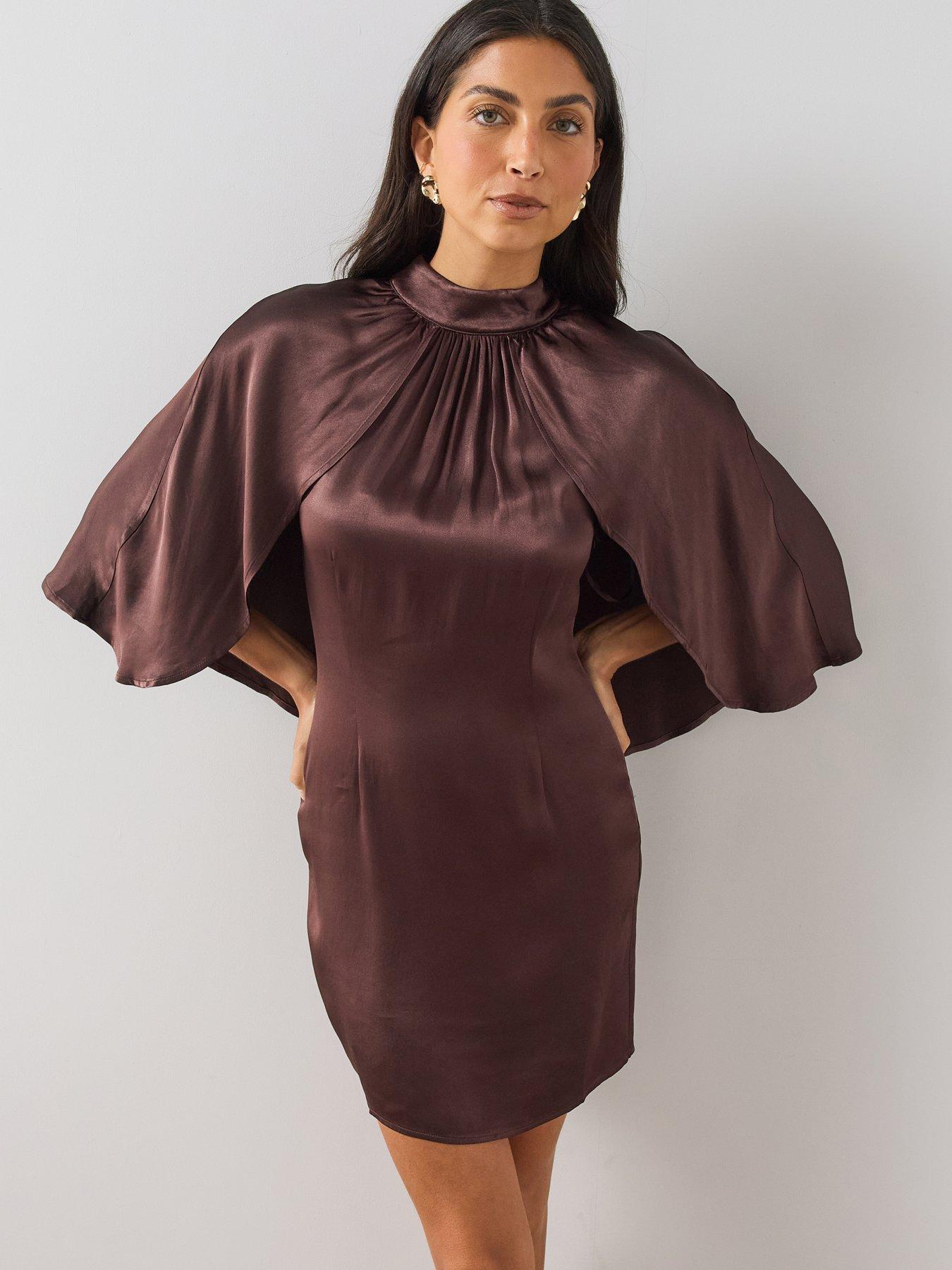 Image 1 of 7 of The Very Collection Womens&nbsp;Satin-Look Cape Detail Mini Dress - Brown