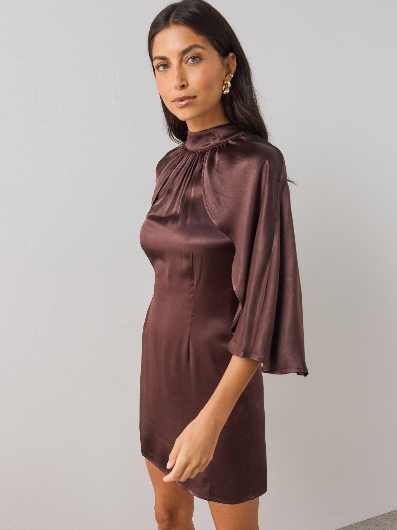Image 5 of 7 of The Very Collection Womens&nbsp;Satin-Look Cape Detail Mini Dress - Brown