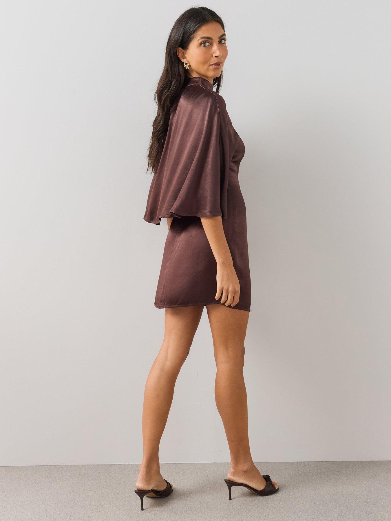 Image 6 of 7 of The Very Collection Womens&nbsp;Satin-Look Cape Detail Mini Dress - Brown