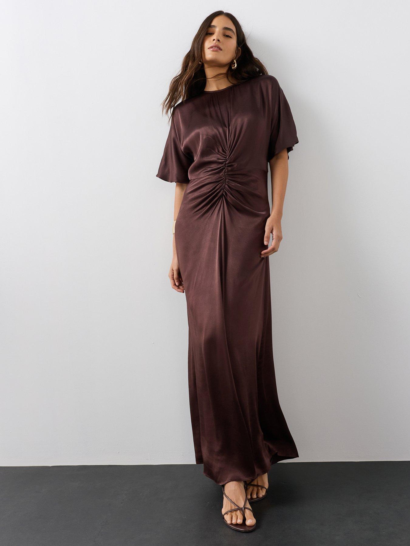 Image 1 of 7 of The Very Collection Womens Ruched Satin-Look Maxi Dress - Brown