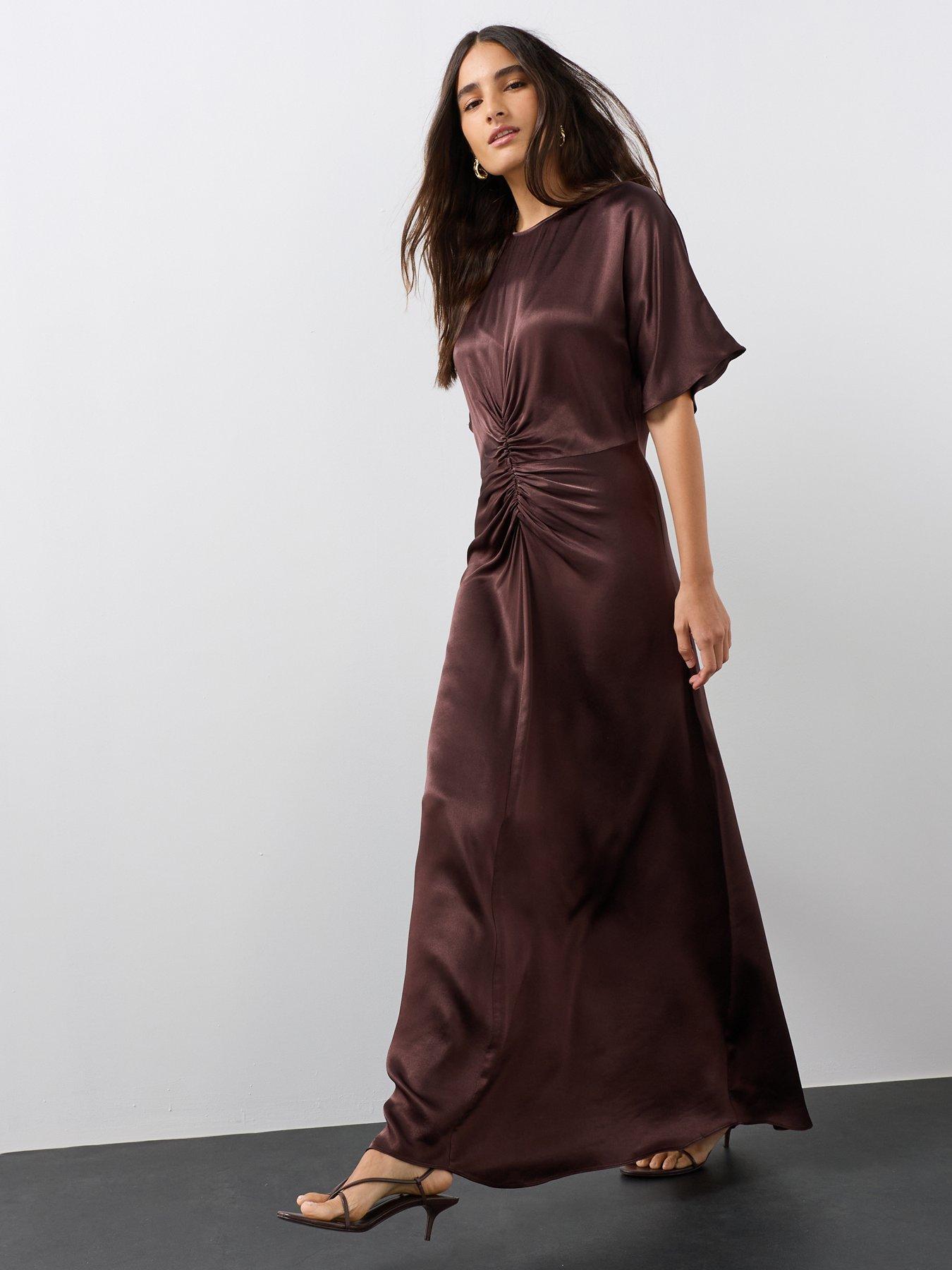 Image 4 of 7 of The Very Collection Womens Ruched Satin-Look Maxi Dress - Brown