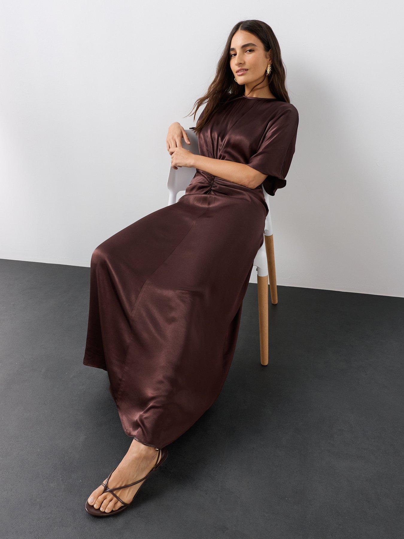 Image 5 of 7 of The Very Collection Womens Ruched Satin-Look Maxi Dress - Brown