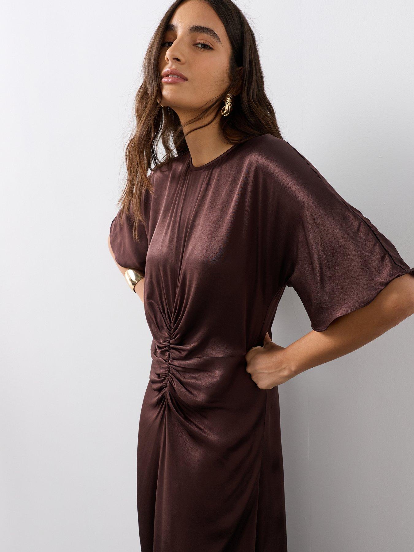 Image 6 of 7 of The Very Collection Womens Ruched Satin-Look Maxi Dress - Brown