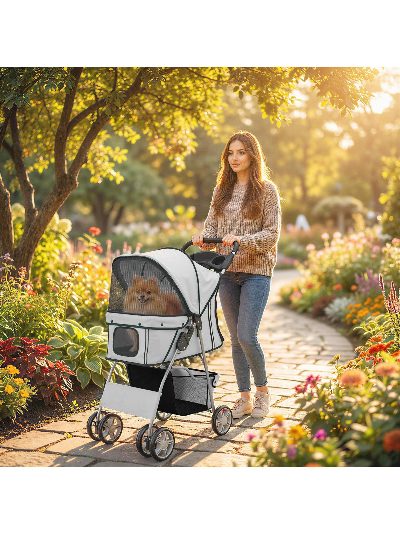 PawHut Pet Stroller for Small Dogs Cats Foldable Travel Carriage with Wheels Zipper Entry Cup Holder Storage Basket Grey