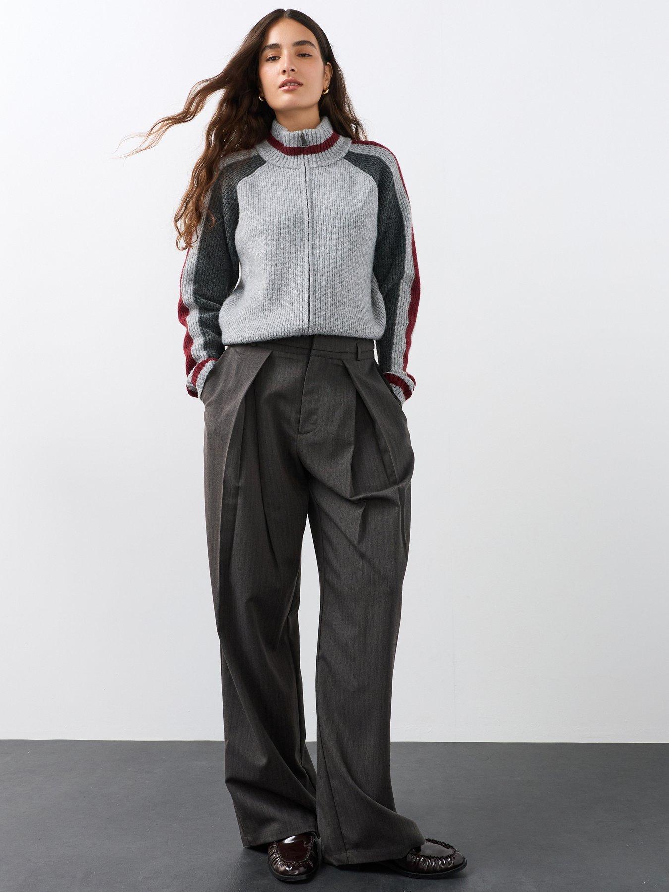 The Very Collection Deep Waistband Herringbone Pleated Wide Leg Trousers - Grey